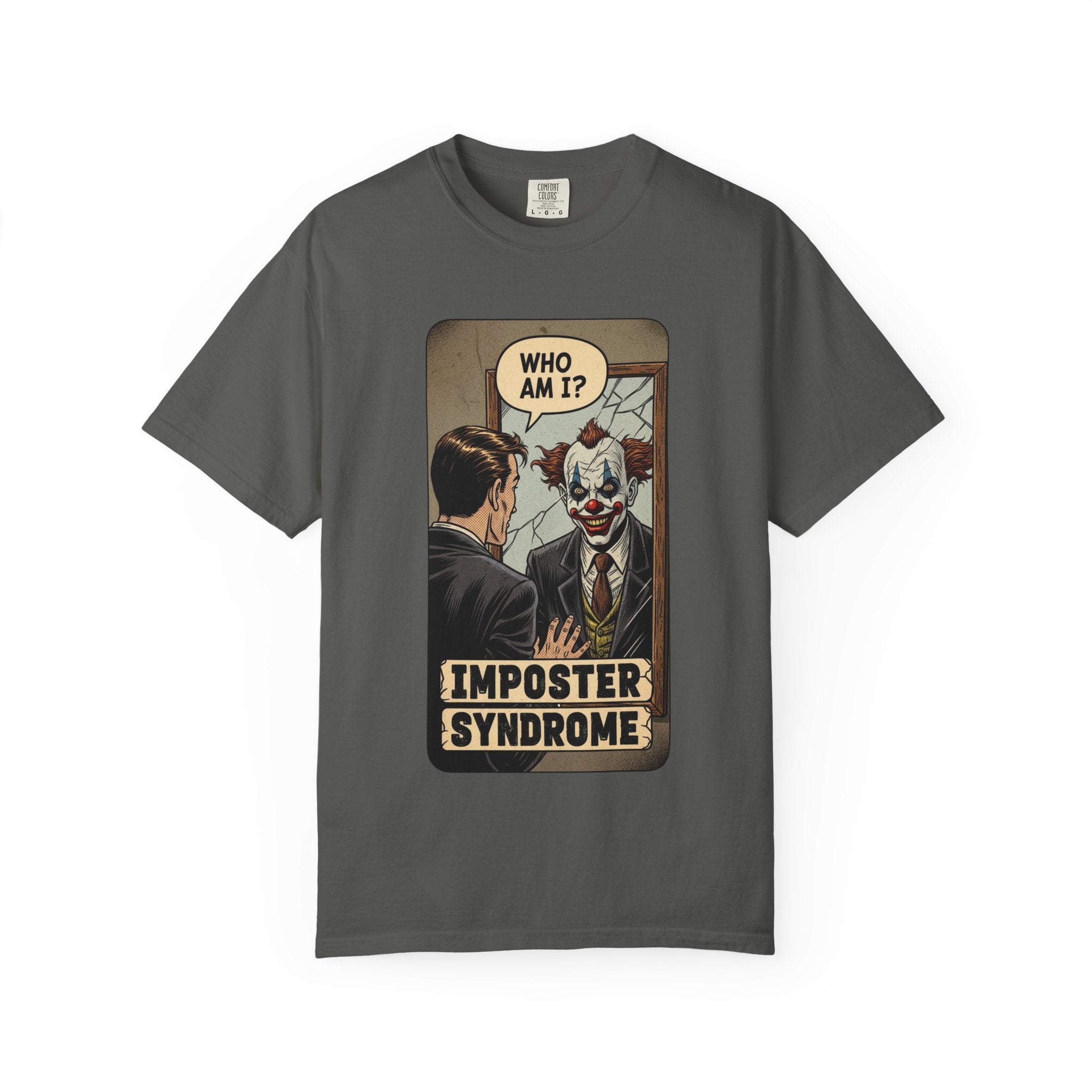 Imposter Syndrome Shirt Vintage Clown Mirror Tee Funny Mental Health Graphic T-Shirt Sarcastic Retro Who Am I Top Corporate Humor Gift Pepper