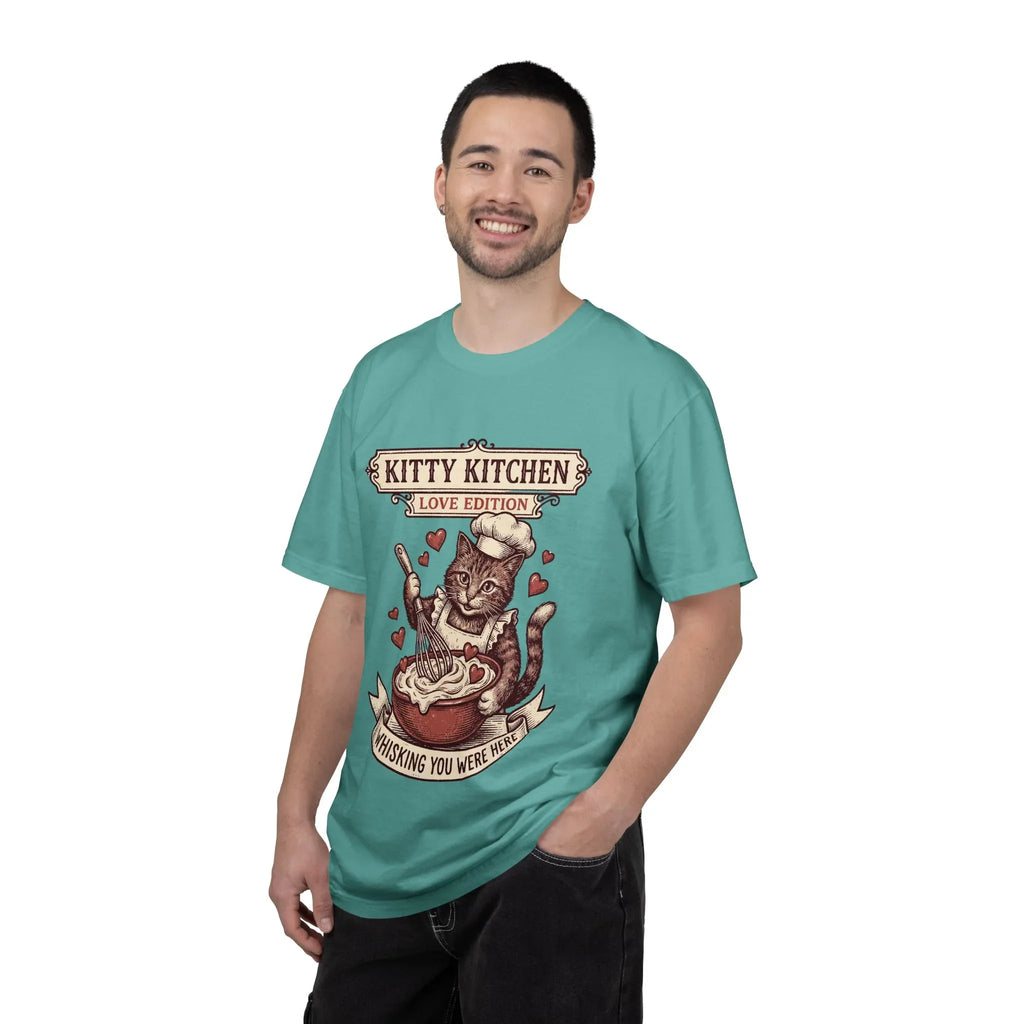 Kitty Kitchen Love T-Shirt | Vintage Cat Chef Whisking You Were Here Graphic Tee
