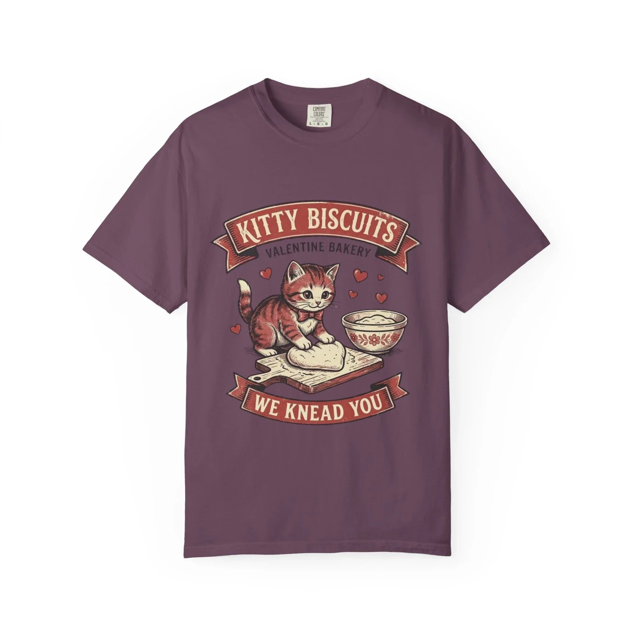 Kitty Biscuits T-Shirt | Valentine Bakery Cat We Knead You Graphic Tee Berry M