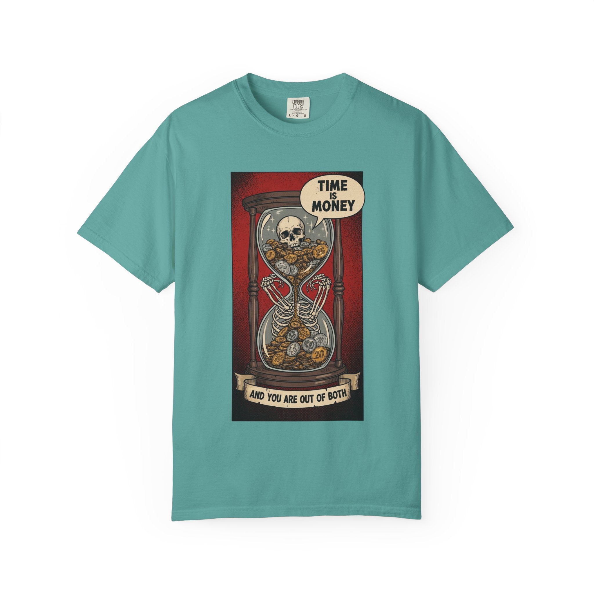 Time is Money and You Are Out of Both Skeleton T-Shirt Vintage Hourglass Skull Graphic Tee Dark Humor Sarcastic Aesthetic Shirt Seafoam
