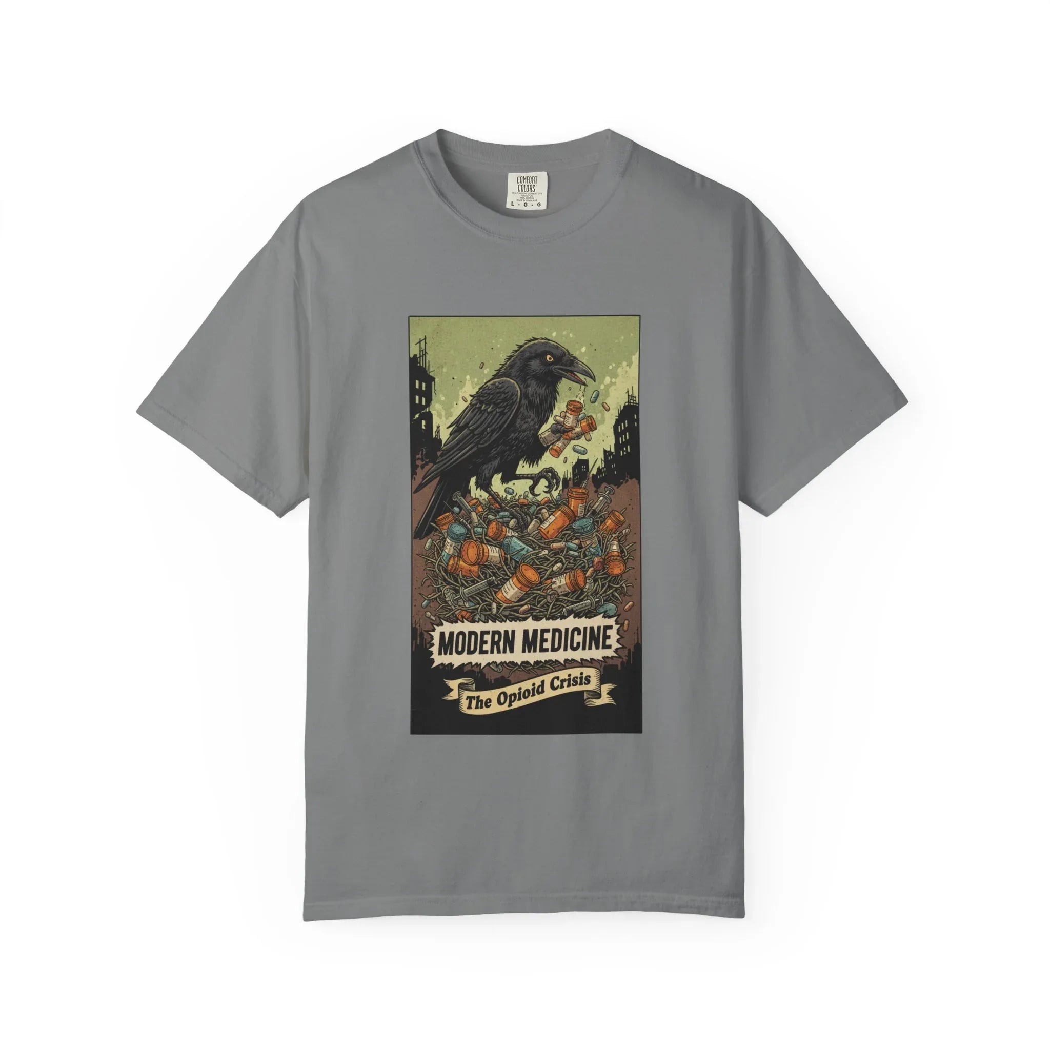 Modern Medicine Raven Shirt - Opioid Crisis Satire Tee - Dark Gothic Graphic T-Shirt - Vintage Social Commentary Art - Raven Nest Medicine Bottle Dark Humor Streetwear Grey