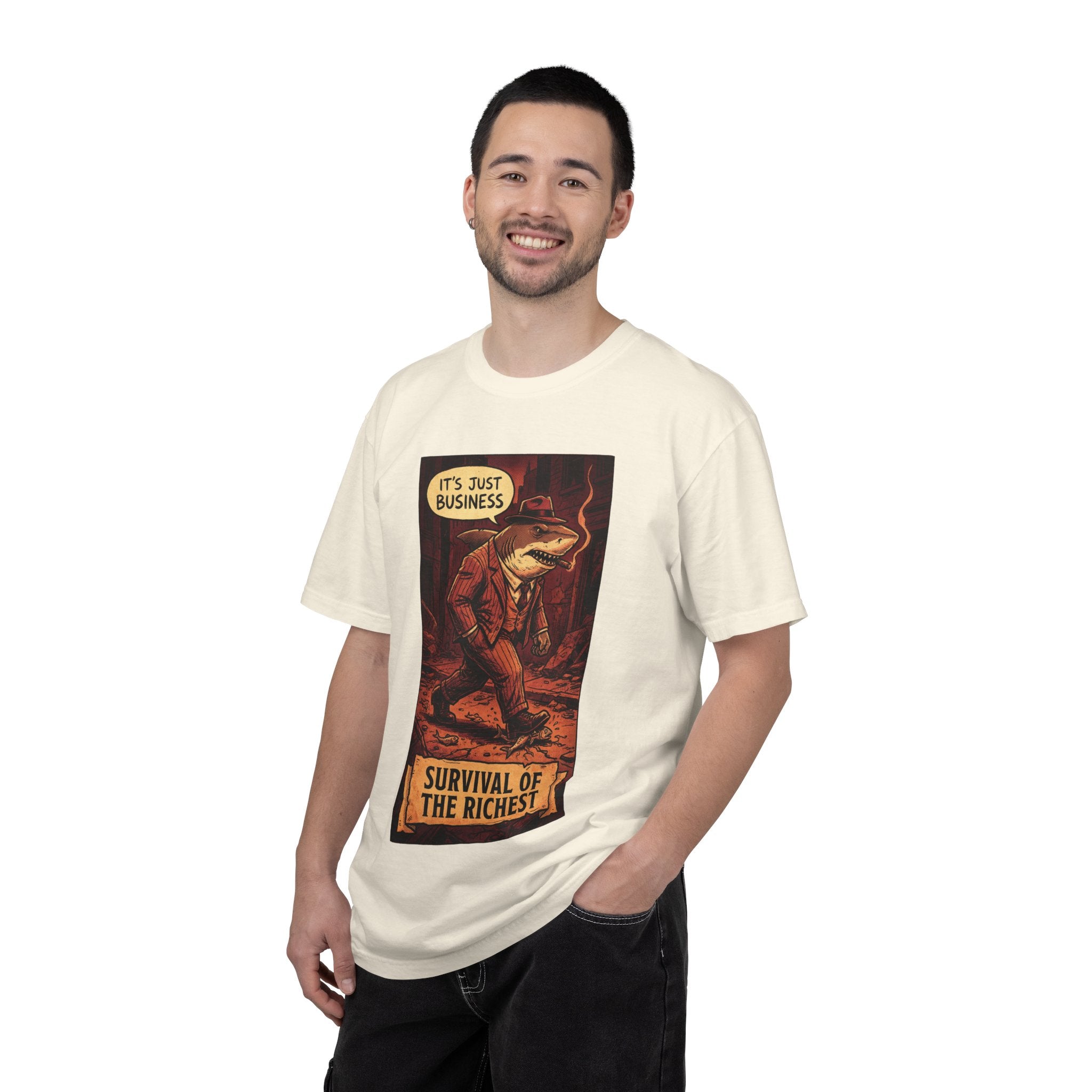 Survival of the Richest Vintage Comic Shirt | Retro Business Shark Satire Tee | Dark Humor Corporate Streetwear