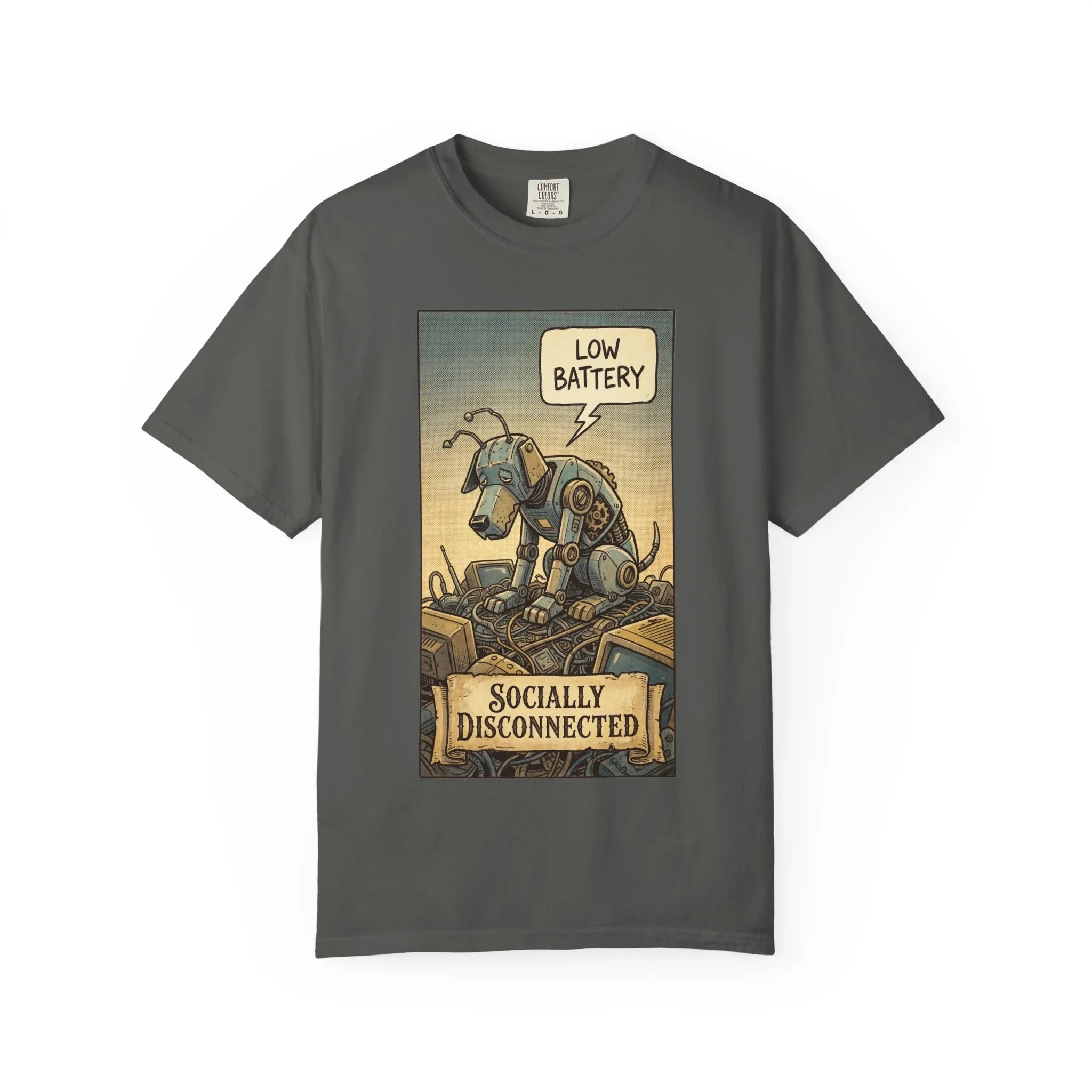 Socially Disconnected Robot Dog Shirt - Vintage Retro Comic Tee - Social Battery Introvert Gift - Satirical Humor Aesthetic T-Shirt - Relatables Low Battery Robot Graphic Tee Pepper