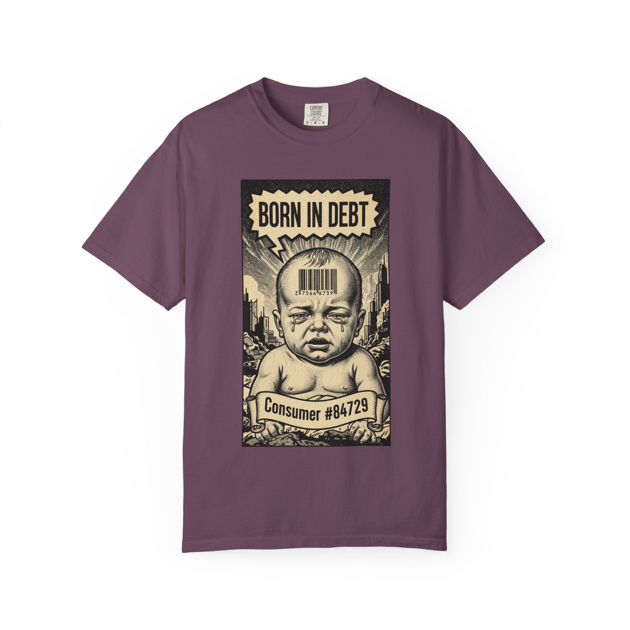 Born in Debt Shirt - Consumer Culture Satire T-Shirt - Financial Debt Awareness Tee - Vintage Comic Graphic - Sarcastic Social Commentary Gift Berry