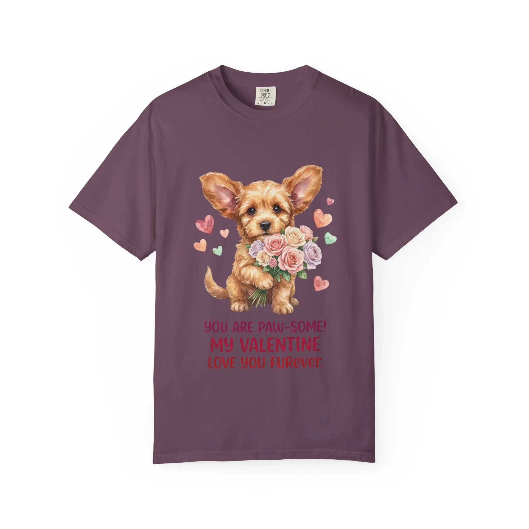Cute Puppy Holding Roses Valentine T Shirt Paw-some Love You Furever Watercolor Cozy Vintage Aesthetic Gift Dog Lovers Soft Cotton Romantic Berry M