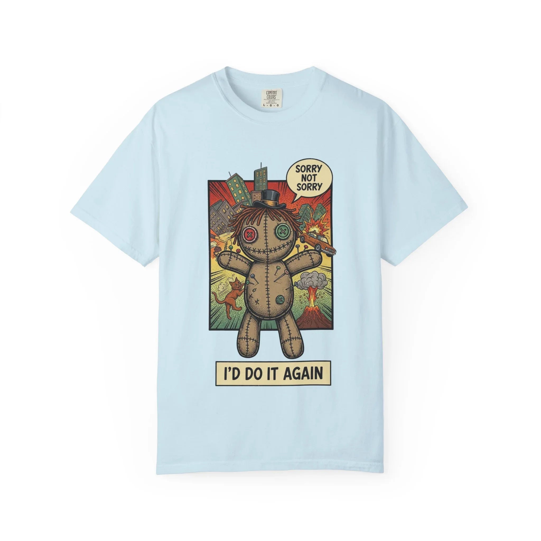 Funny Voodoo Doll Sarcastic Shirt - Retro Comic Dark Humor Graphic Tee - "I'd Do It Again" Sorry Not Sorry Unapologetic Mood T-Shirt - Vintage Garment-Dyed Streetwear Chambray