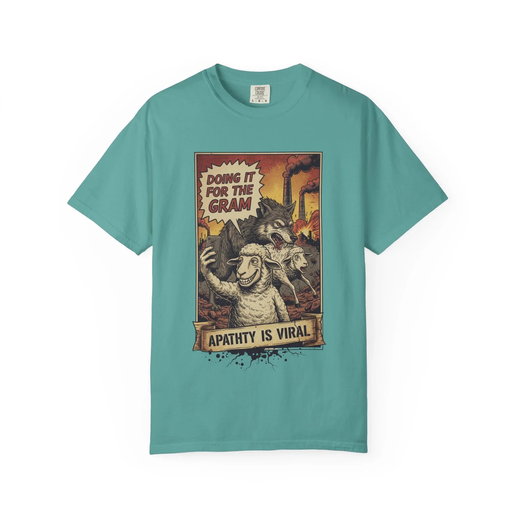 Doing It For The Gram Vintage Shirt - Satirical Wolf and Sheep Graphic Tee - Retro Social Media Irony T-Shirt - 1950s Propaganda Style Dark Humor - Unapologetic Social Critique Apparel Seafoam