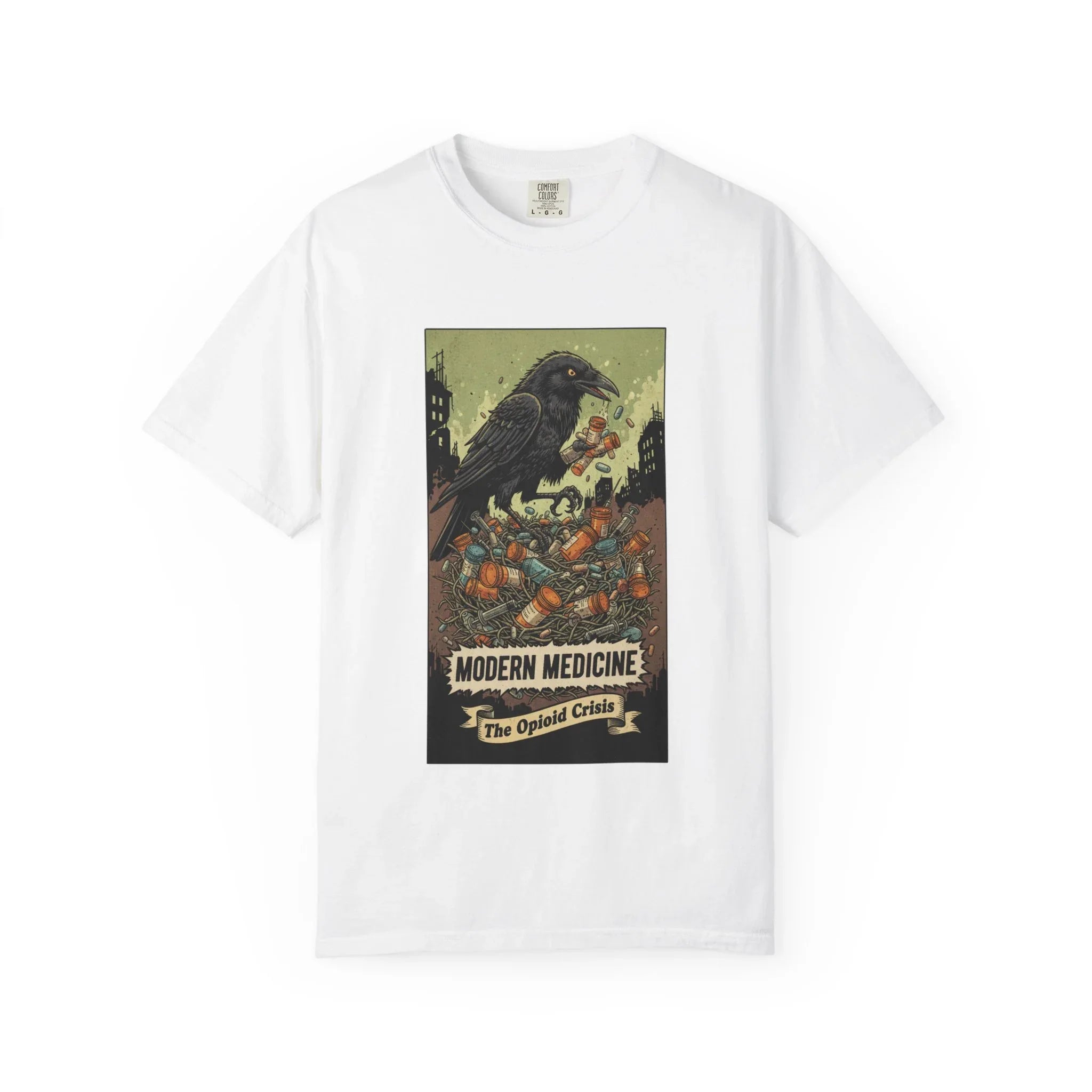 Modern Medicine Raven Shirt - Opioid Crisis Satire Tee - Dark Gothic Graphic T-Shirt - Vintage Social Commentary Art - Raven Nest Medicine Bottle Dark Humor Streetwear White