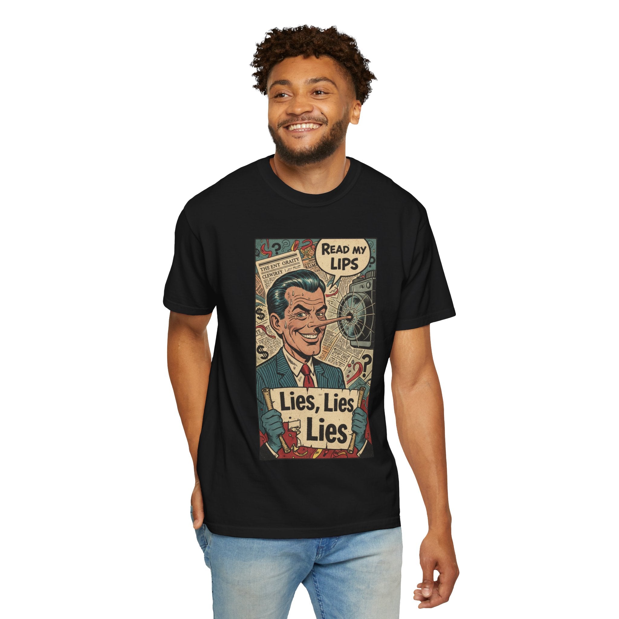 Lies Lies Lies T-Shirt - Read My Lips Satire Tee - Funny Pinocchio Political Shirt - Vintage Comic Graphic - Sarcastic Truth Tee