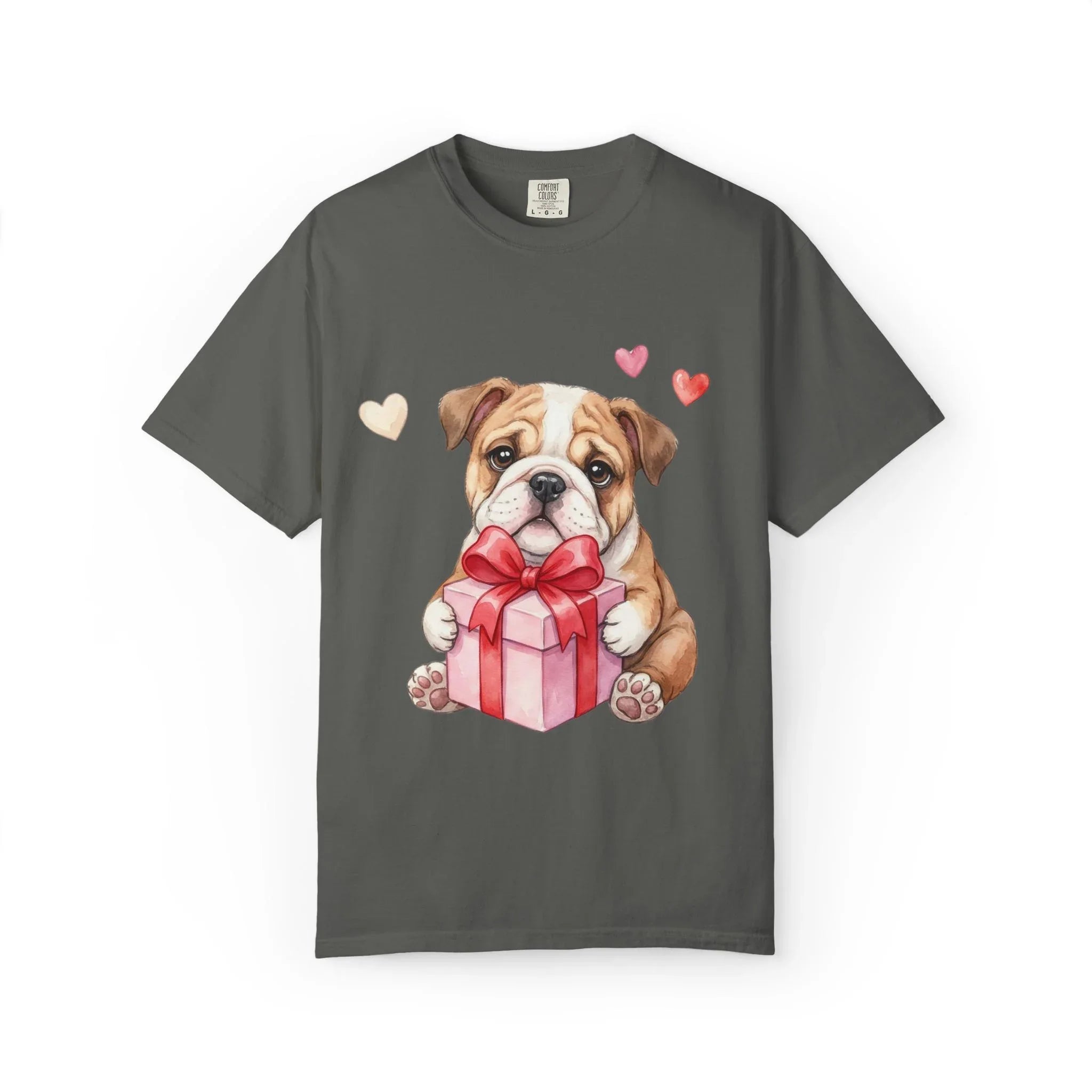 Bulldog Puppy with Gift T-Shirt | Cute Dog Valentine Hearts | Cozy Pet Lover Gift | Soft Vintage Aesthetic Dog Tee Pepper
