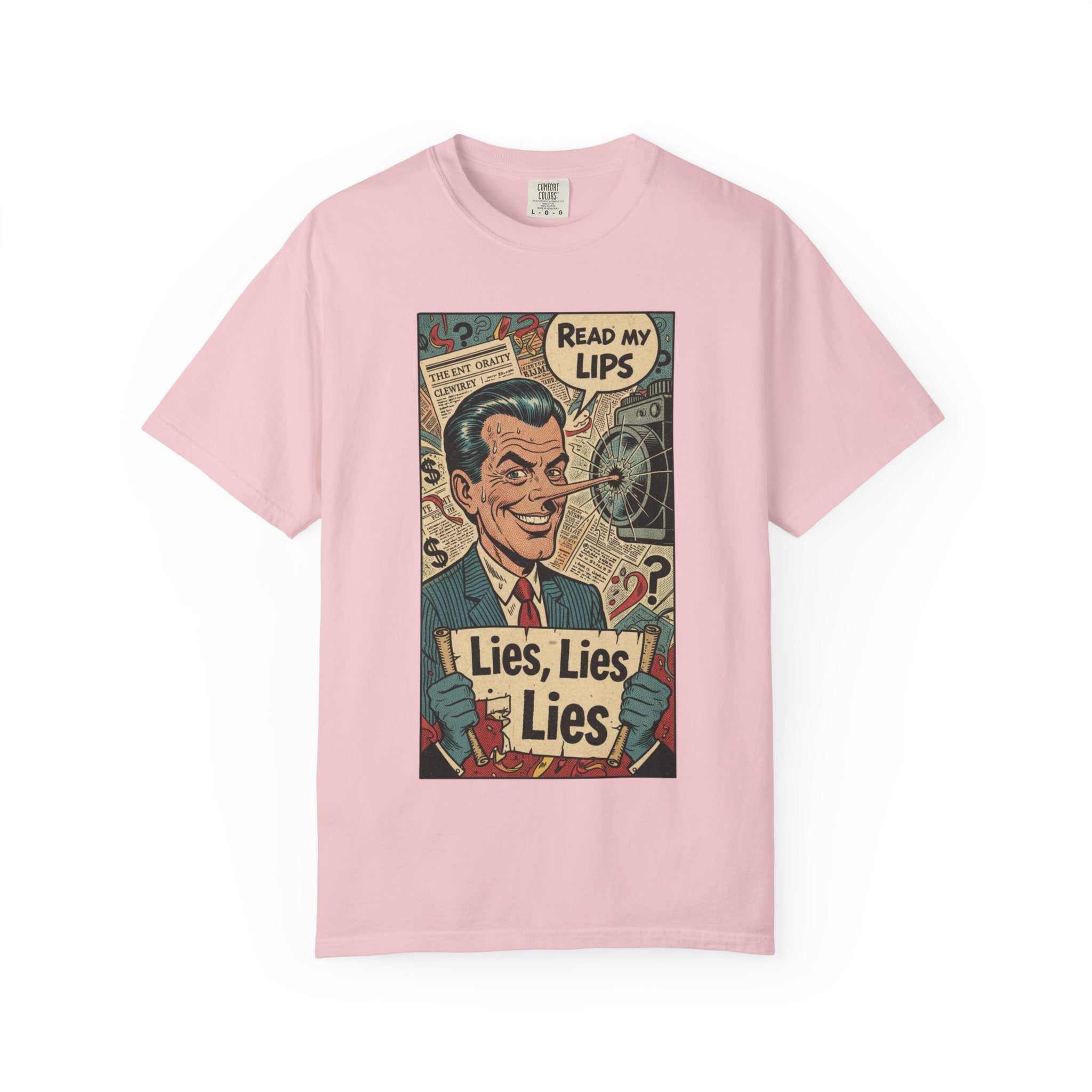 Lies Lies Lies T-Shirt - Read My Lips Satire Tee - Funny Pinocchio Political Shirt - Vintage Comic Graphic - Sarcastic Truth Tee Blossom