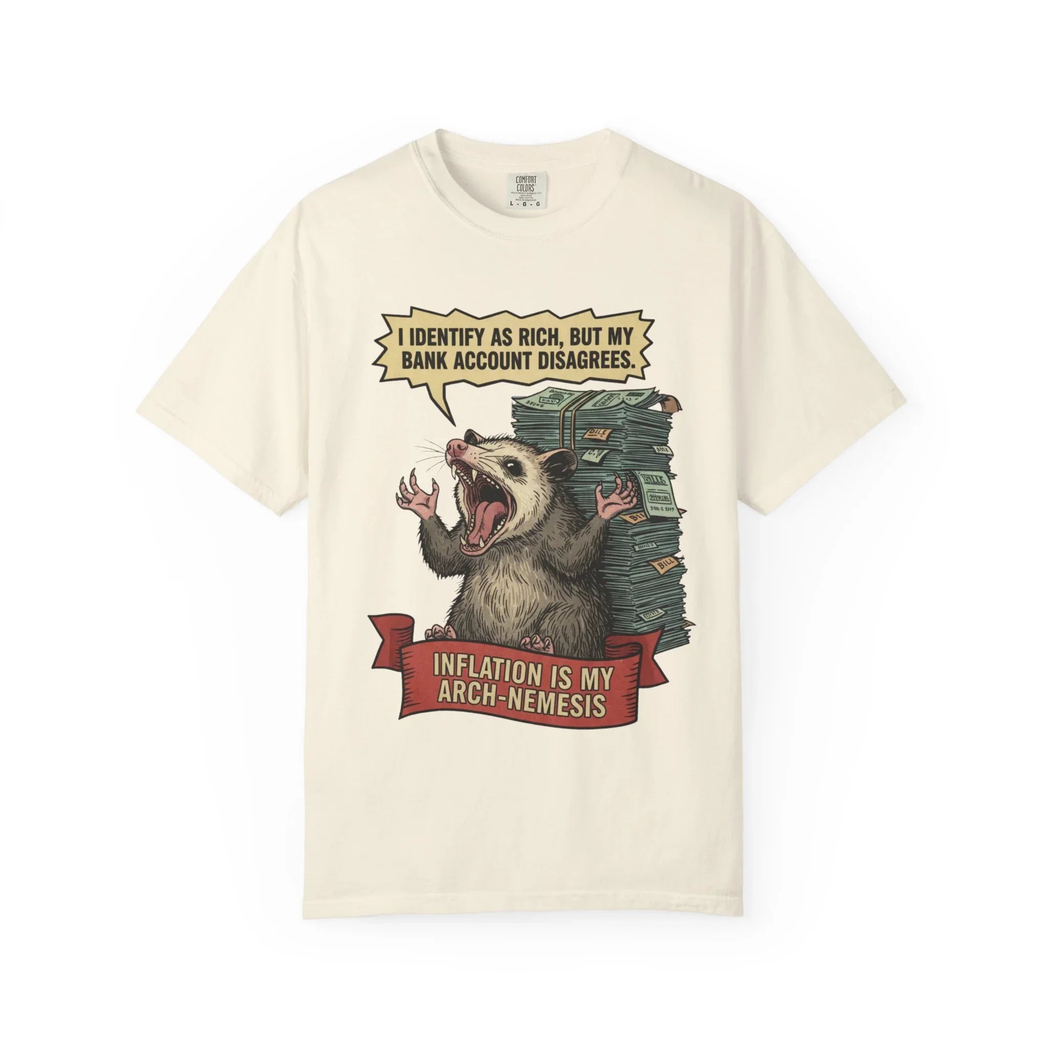 Funny Opossum Shirt - "I Identify As Rich" Inflation Meme Gift - Screaming Possum Hoodie - Relatable Money Humor T-Shirt - Vintage Style Animal Top Ivory