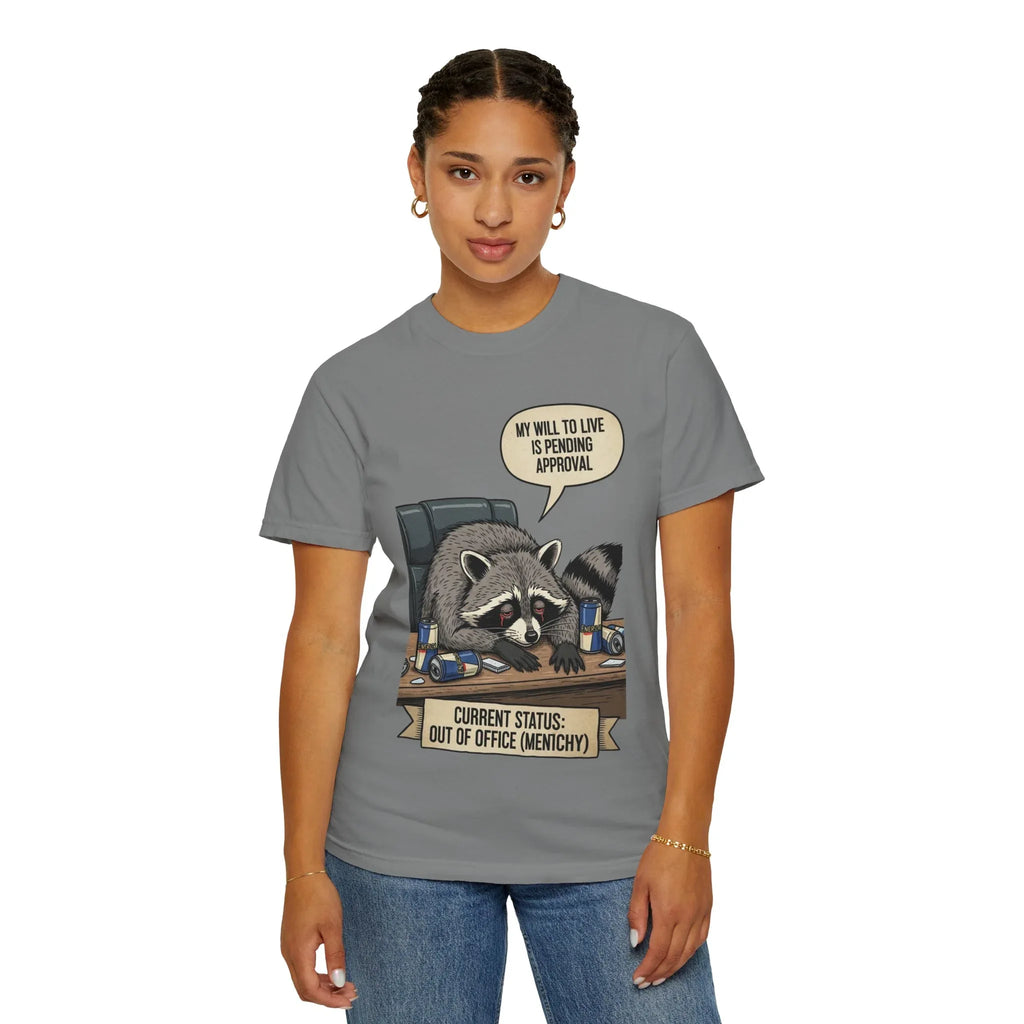 Funny Raccoon Shirt - "My Will To Live Is Pending Approval" Tee - Sarcastic Office Humor Gift - Out of Office Mentally T-Shirt - Retro Corporate Survival Graphic Shirt