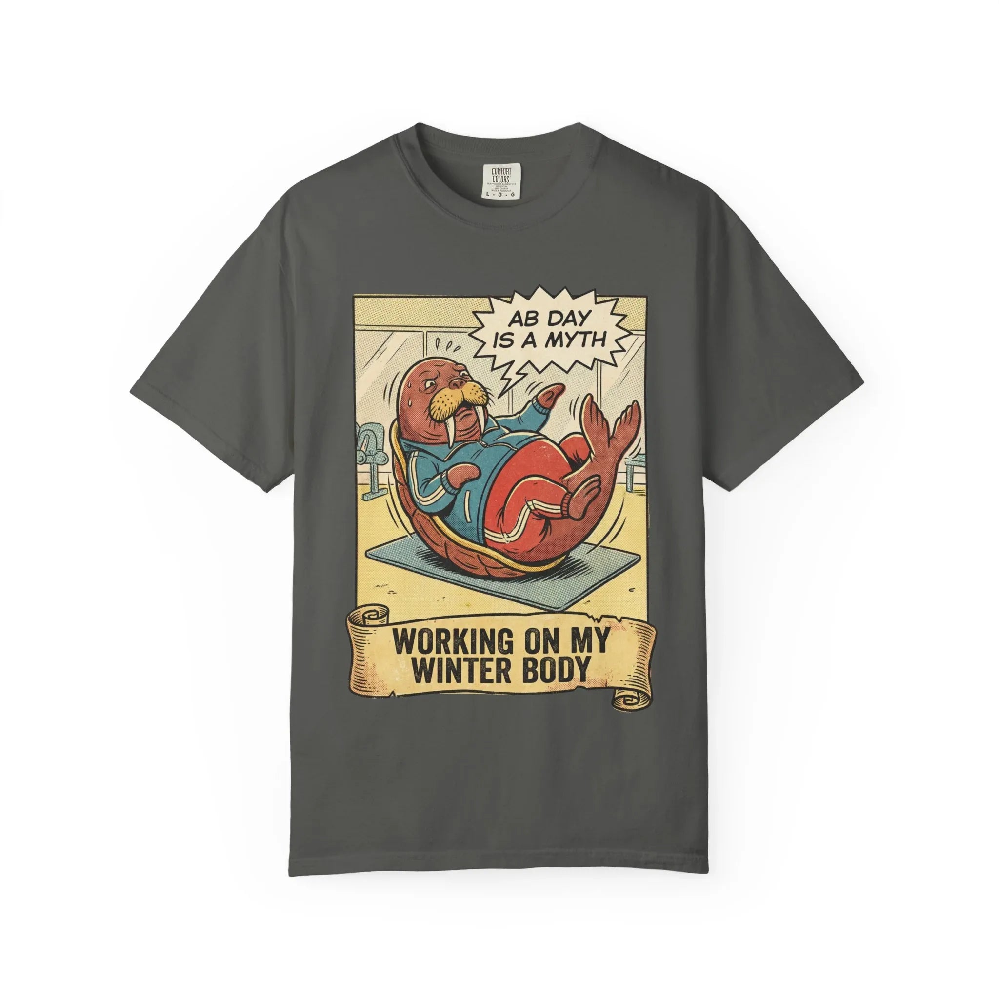 Funny Walrus Gym Shirt - "Ab Day Is A Myth" Retro Comic Tee - Sarcastic Workout Graphic T-Shirt - Working On My Winter Body Gift - Vintage Pop Art Fitness Streetwear Pepper