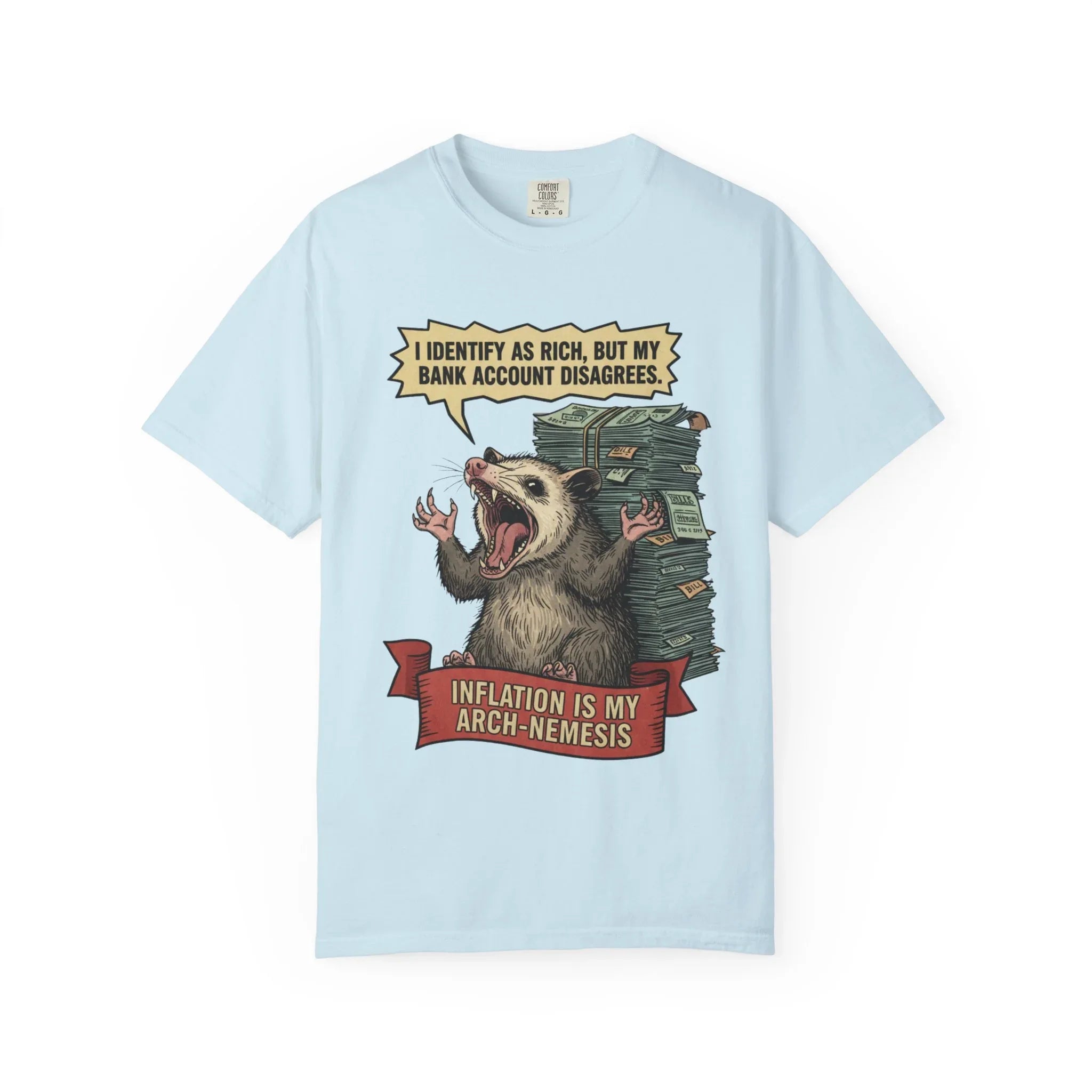 Funny Opossum Shirt - "I Identify As Rich" Inflation Meme Gift - Screaming Possum Hoodie - Relatable Money Humor T-Shirt - Vintage Style Animal Top Chambray