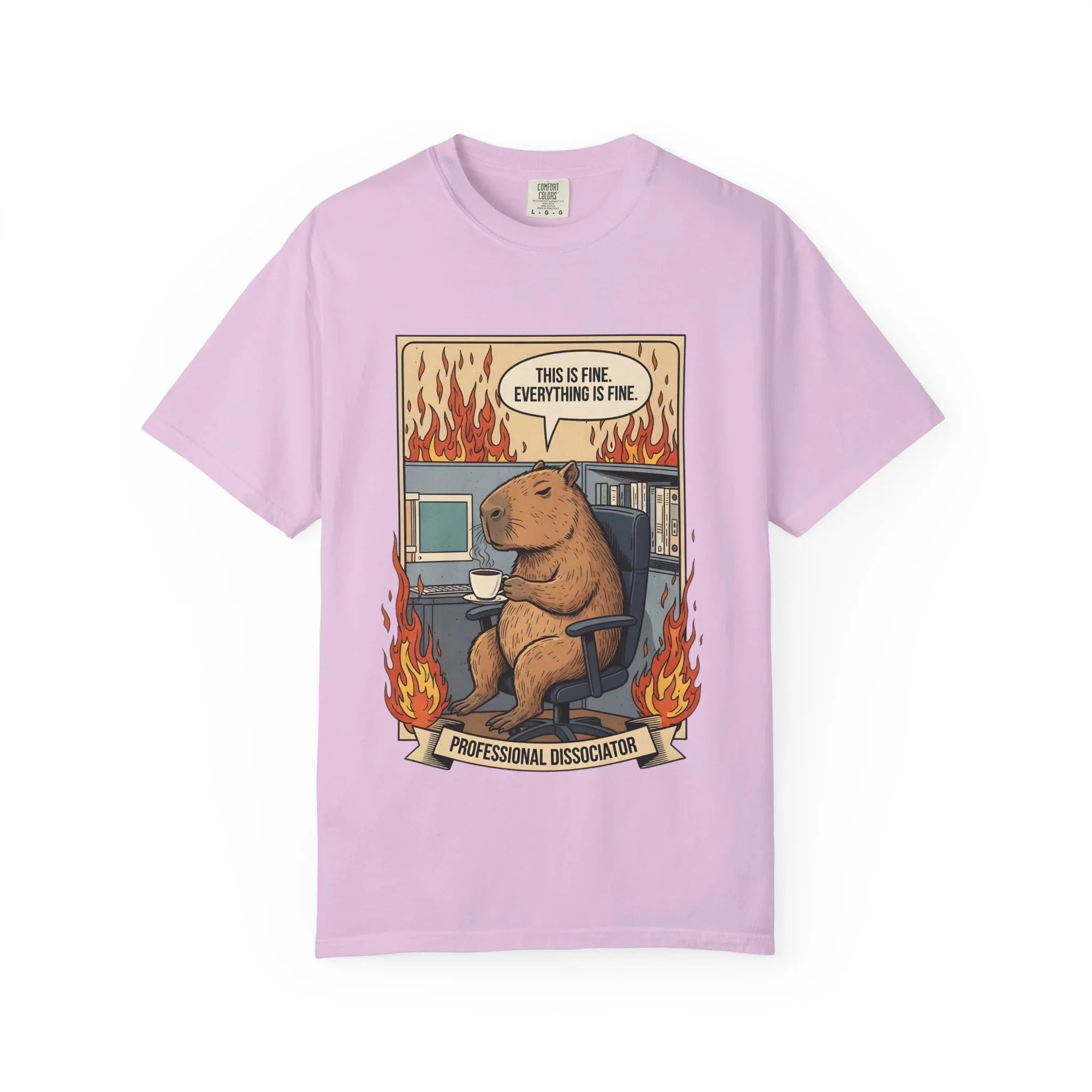 Funny Capybara Shirt - "This Is Fine" Meme Hoodie - Professional Dissociator Gift - Office Humor Graphic Tee - Anxiety & Mental Health Crewneck - Cute Chill Rodent Top Orchid
