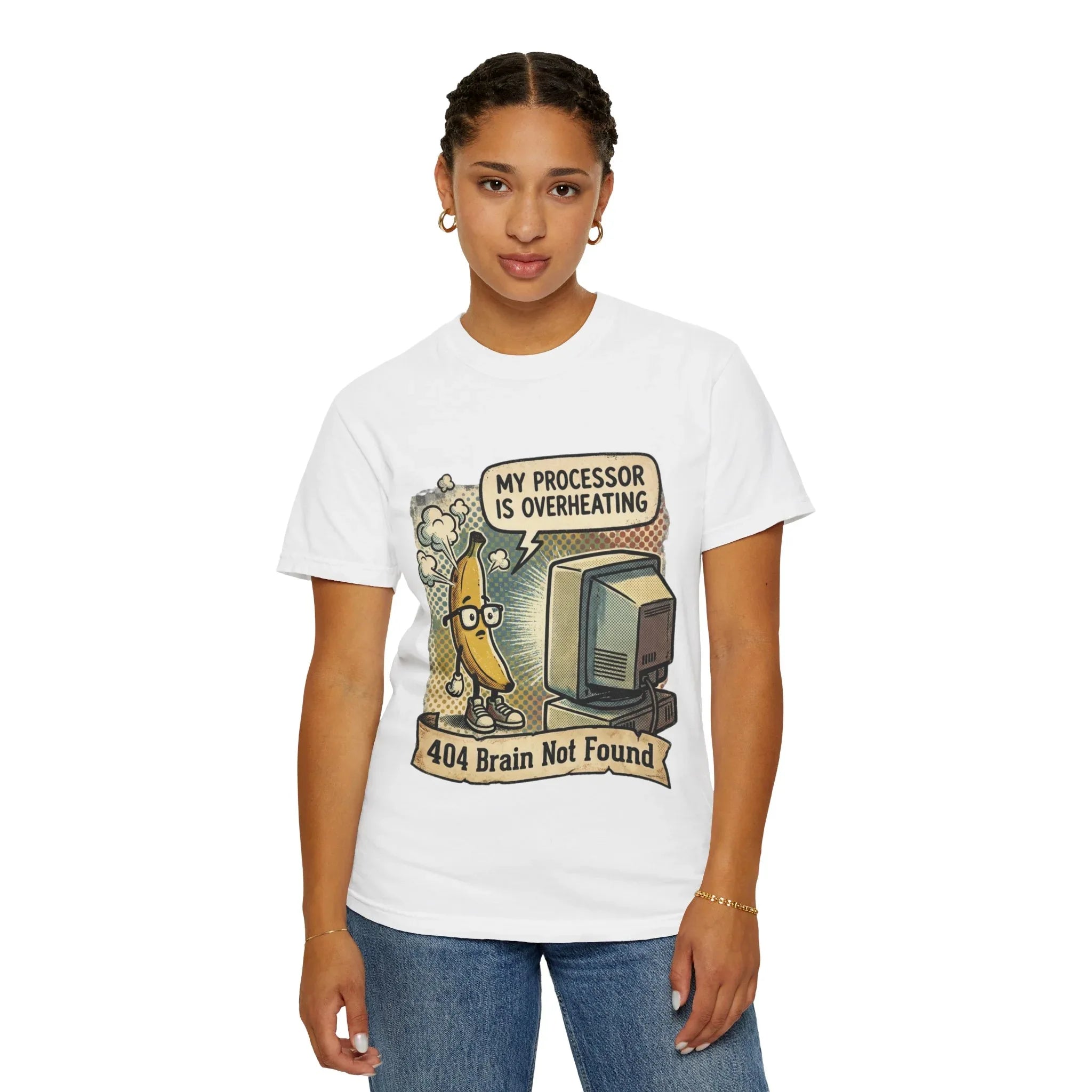 Funny Banana Overheating Shirt 404 Brain Not Found Tee IT Professional Gift Sarcastic Programmer Shirt Tech Burnout Retro Comic Graphic