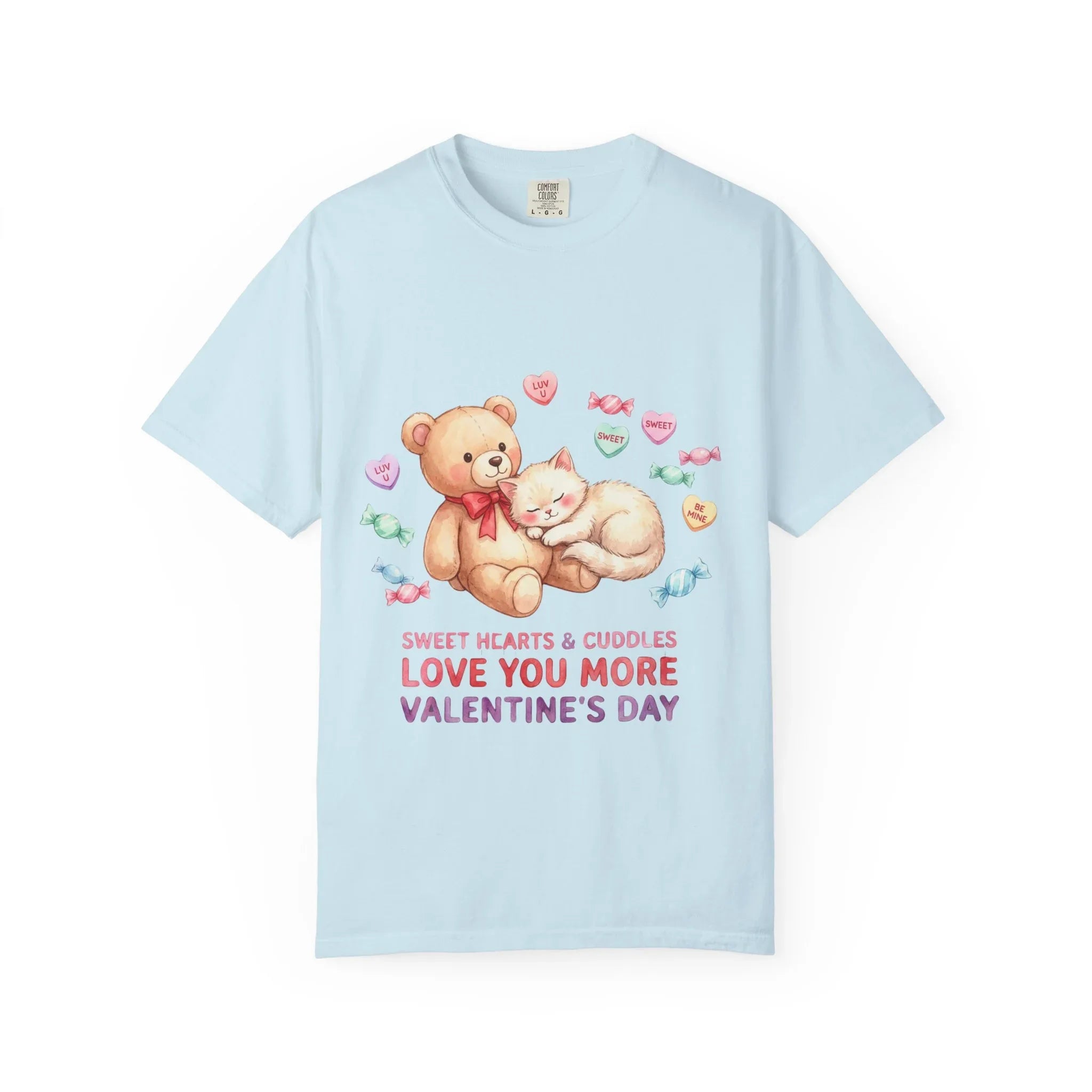 Cute Bear and Kitten Valentine T-shirt | Vintage Soft Love Tee | Couple Gift | Aesthetic Comfort Shirt | Retro Candy Heart Design Chambray