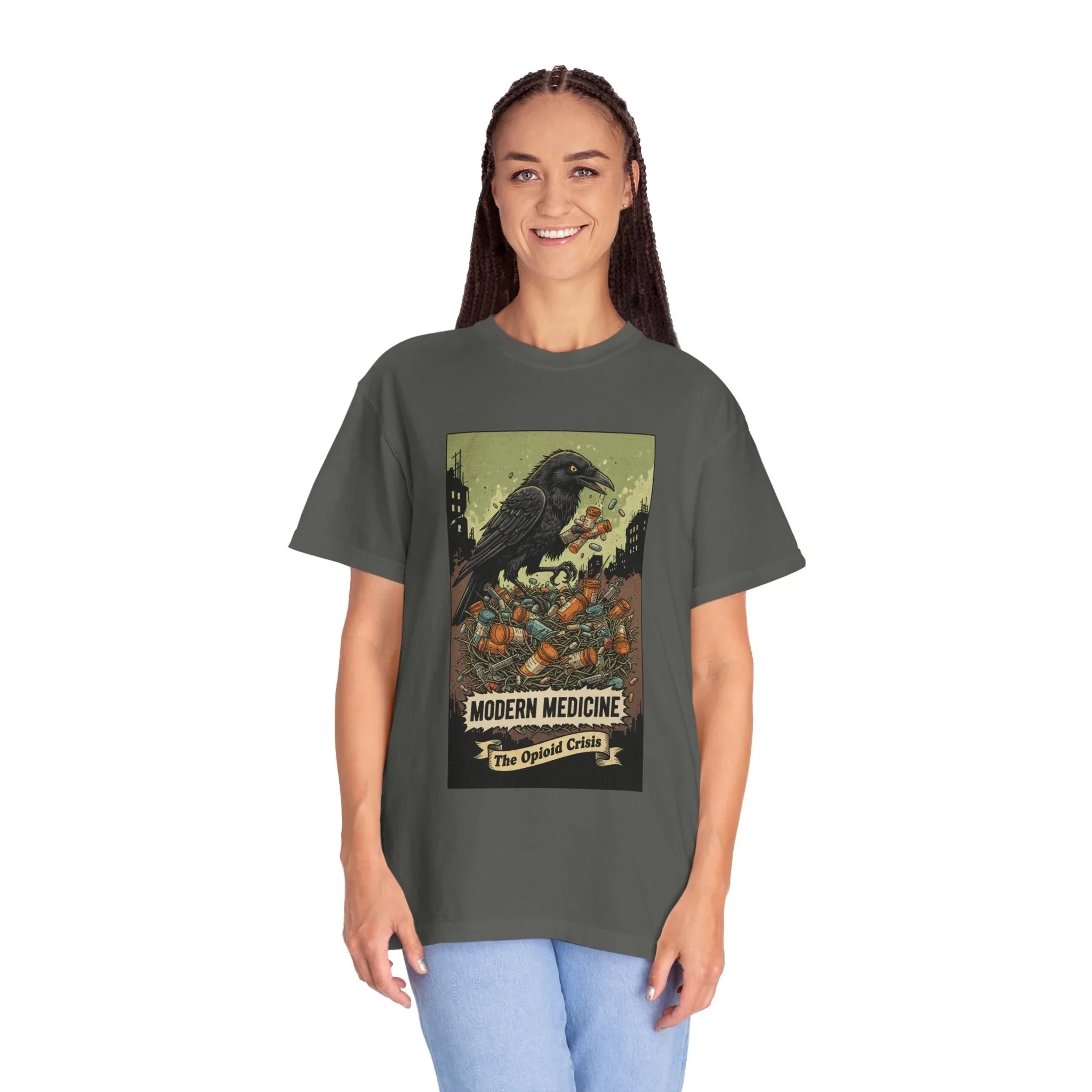 Modern Medicine Raven Shirt - Opioid Crisis Satire Tee - Dark Gothic Graphic T-Shirt - Vintage Social Commentary Art - Raven Nest Medicine Bottle Dark Humor Streetwear