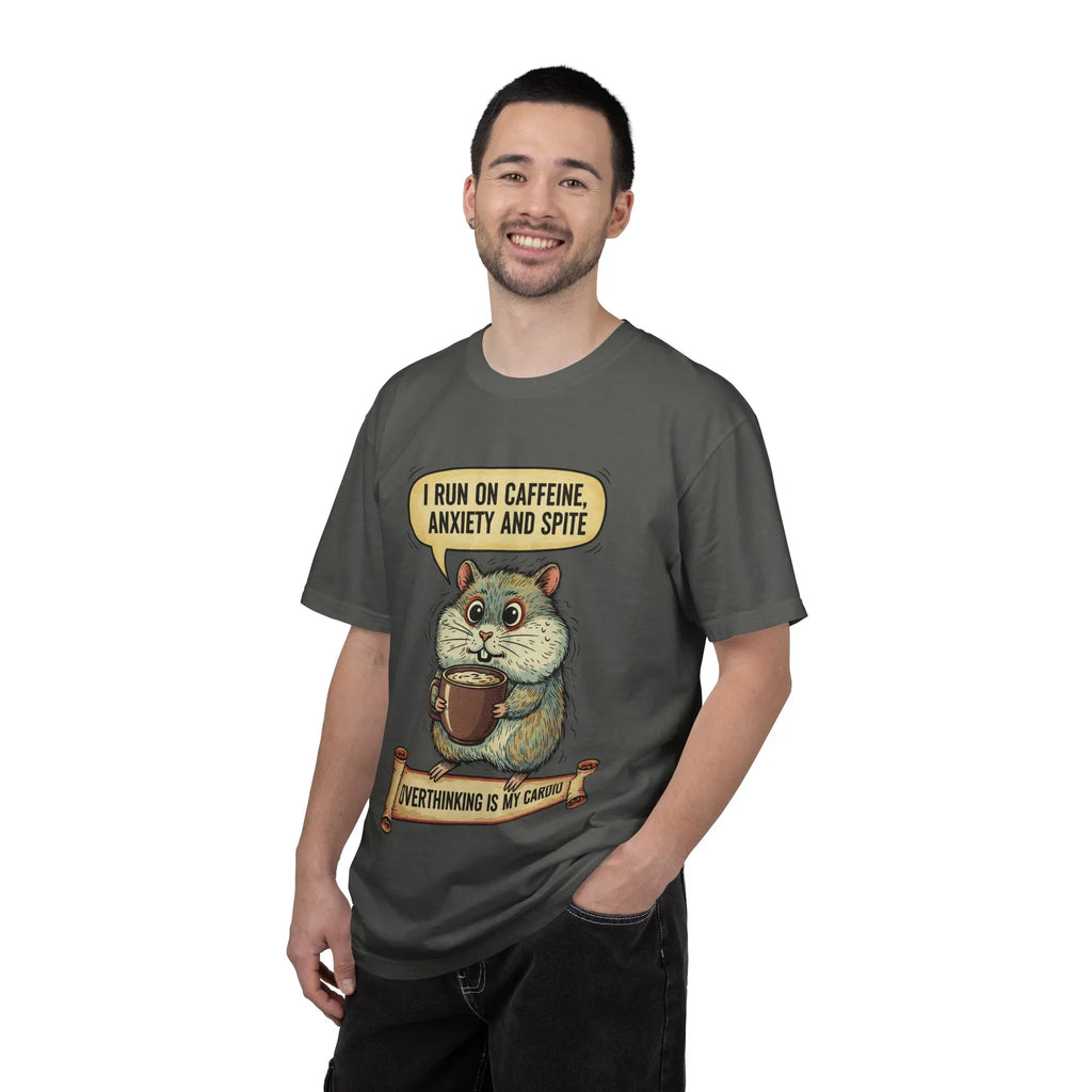 Funny Hamster Coffee Shirt - "Overthinking is My Cardio" T-Shirt - Caffeine Anxiety and Spite Gift - Sarcastic Mental Health Graphic Tee - Retro Jittery Hamster Overthinker Gift