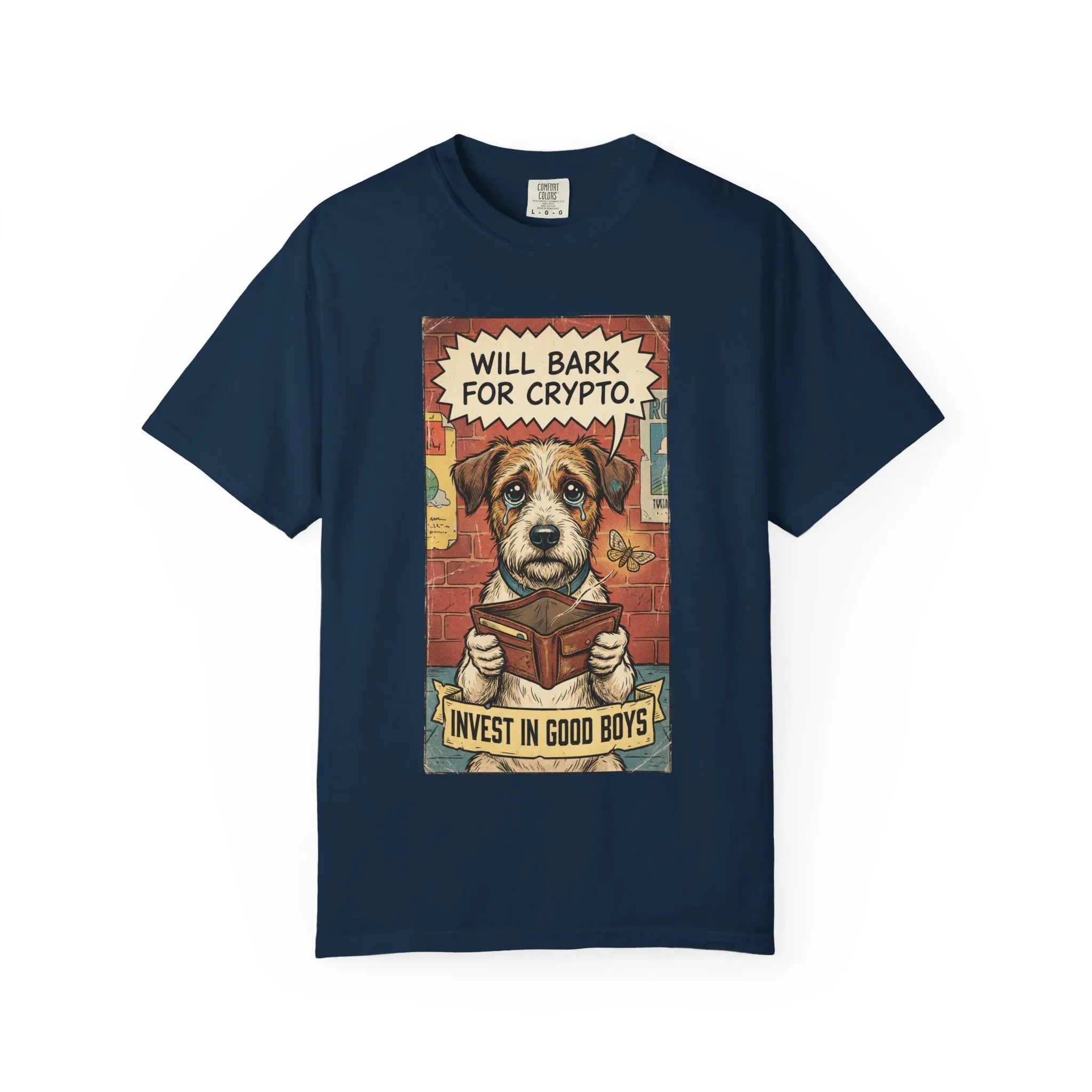 Funny Crypto Dog Shirt - Vintage Dogecoin Bitcoin Investor Gift - "Will Bark for Crypto" Graphic Tee - Retro Satirical Meme Clothing - HODL & Buy the Dip T-Shirt True Navy