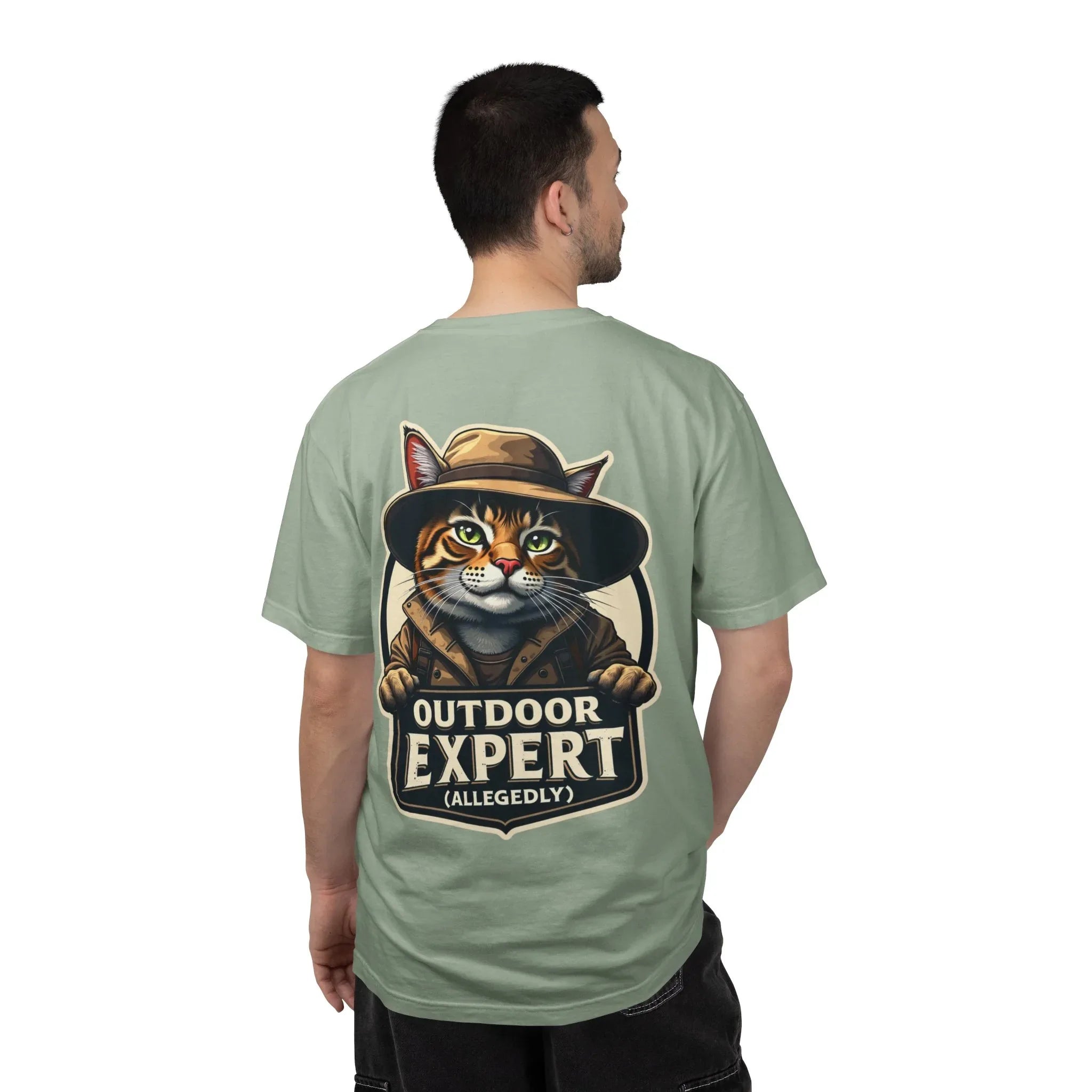 Outdoor Expert Cat T-Shirt, Outdoor Expert (Allegedly) Back Print Tee, Funny Camping Cat in Fedora Badge, Unisex Garment-Dyed Bay