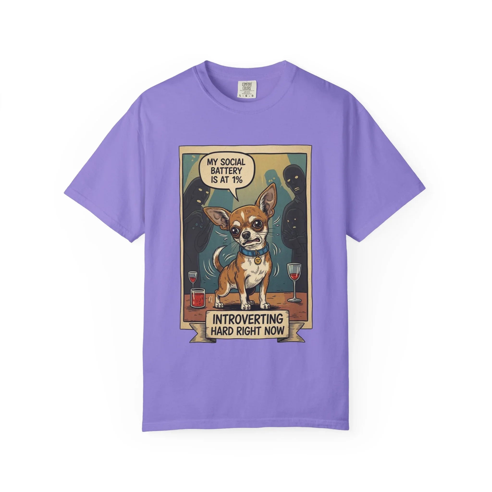 Funny Chihuahua Shirt - "Social Battery 1 Percent" Introvert Tee - Sarcastic Dog Mom Gift - Retro Graphic T-Shirt - Humorous Dog Lover "Introverting Hard" Top Violet