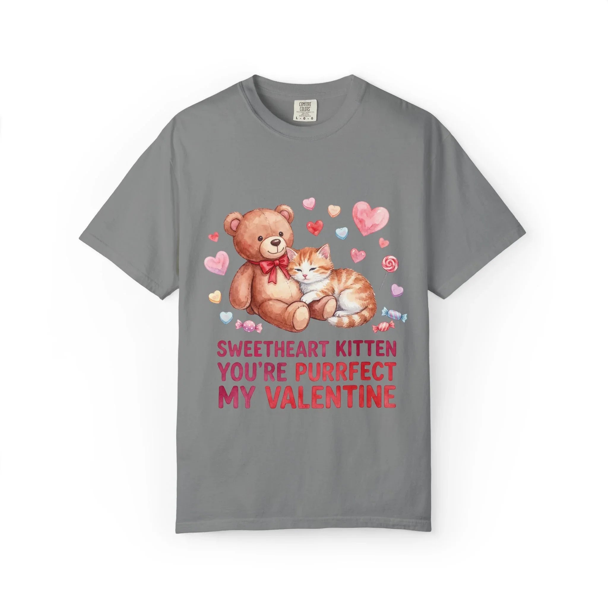 Sweetheart Kitten Youre Purrfect My Valentine T Shirt Cute Cat Teddy Bear Hearts Watercolor Cozy Vintage Aesthetic Gift Cat Lovers Grey