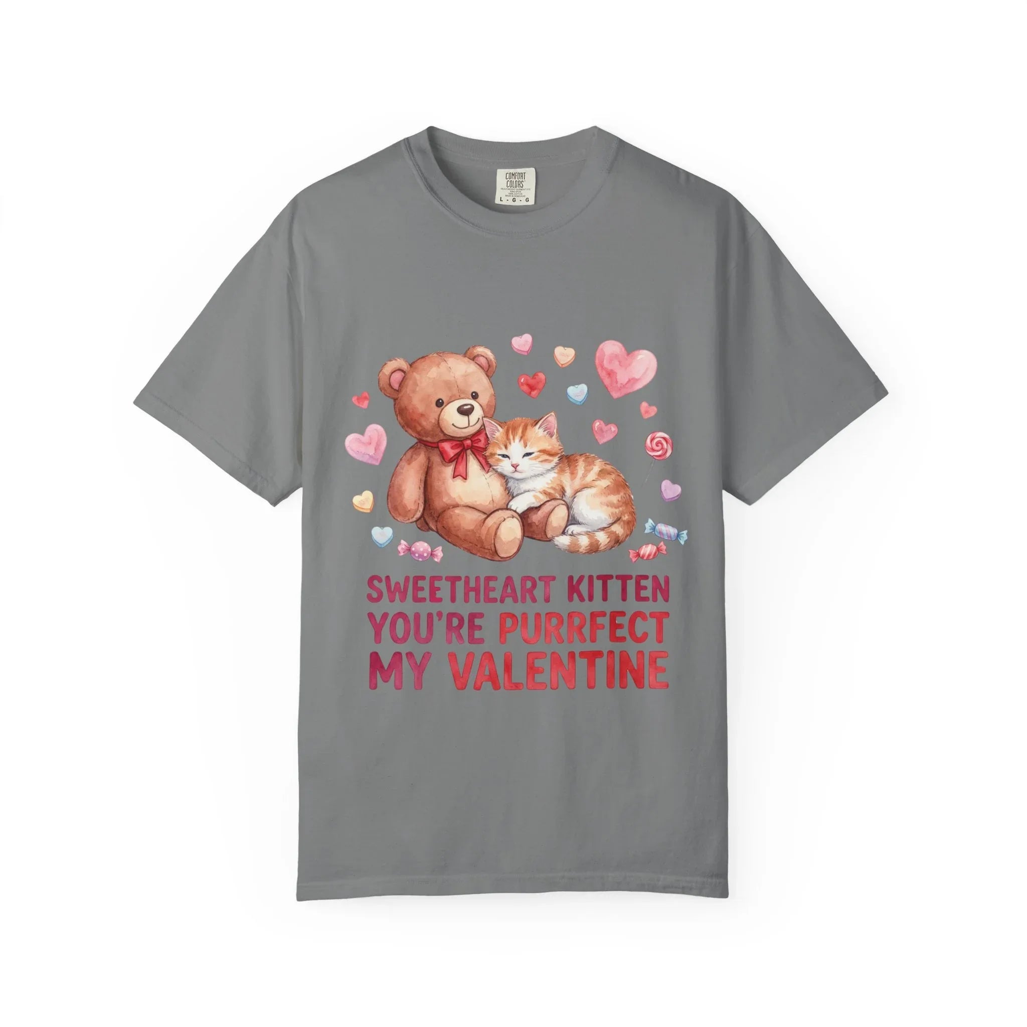 Sweetheart Kitten Youre Purrfect My Valentine T Shirt Cute Cat Teddy Bear Hearts Watercolor Cozy Vintage Aesthetic Gift Cat Lovers Grey