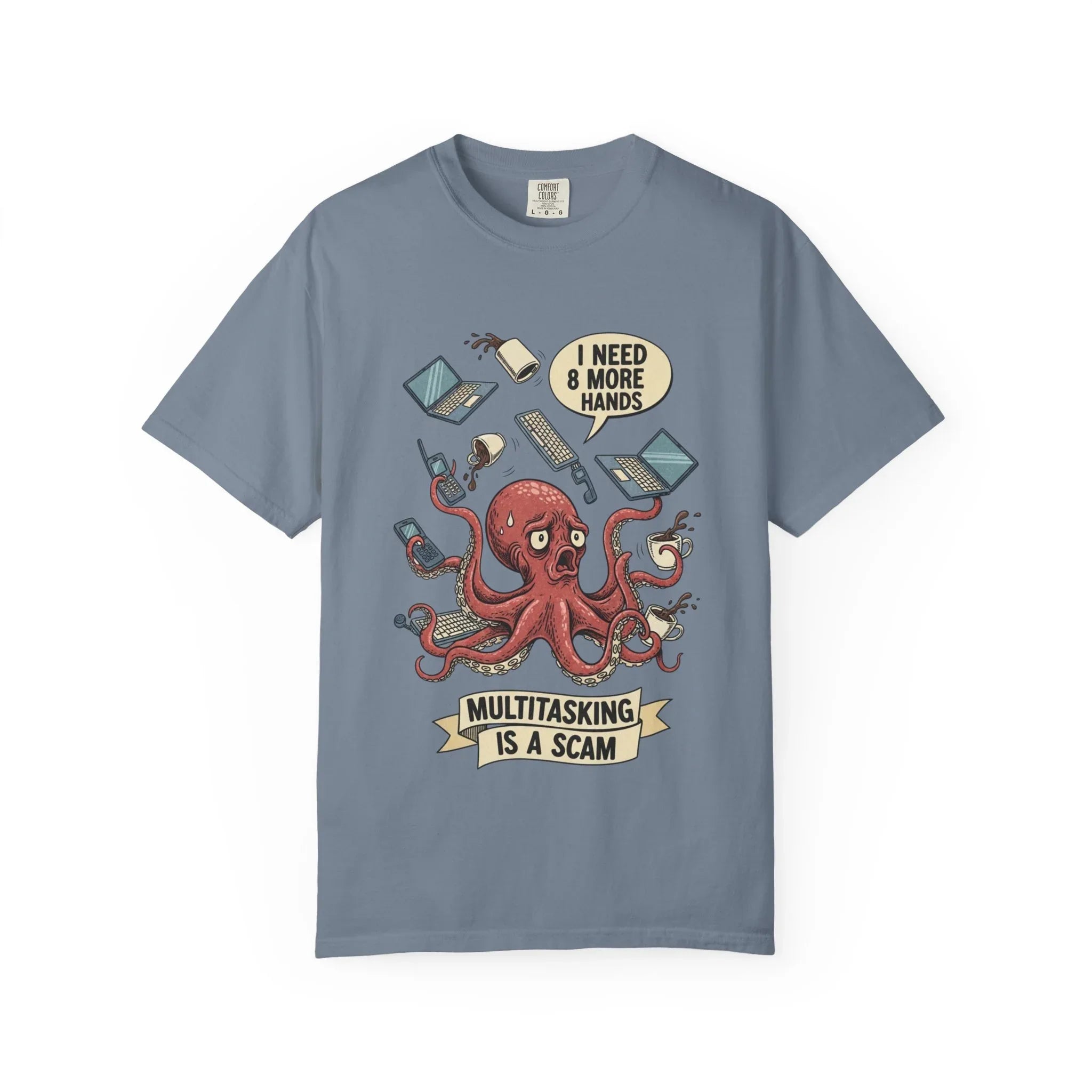 Funny Octopus Shirt - "Multitasking Is A Scam" T-Shirt - Vintage Work Humor Tee - Office Gift for Coworker - Burnout Graphic Tee - Retro Cartoon Top Blue Jean