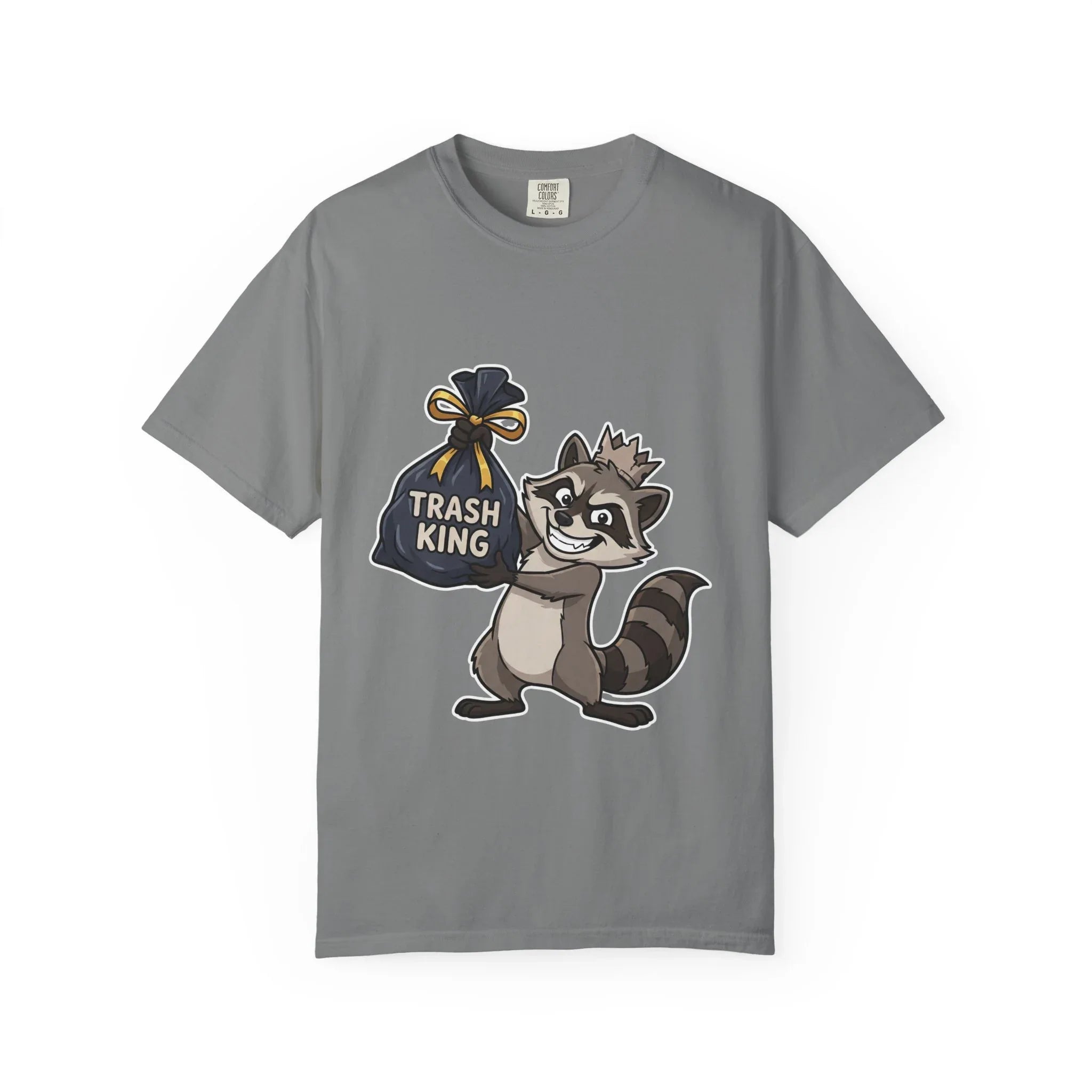 Trash King Raccoon Shirt, Funny Trash Panda Tee, Crown Trash Bag Graphic T-Shirt, Meme Streetwear Gift, Sarcastic Animal Humor Grey