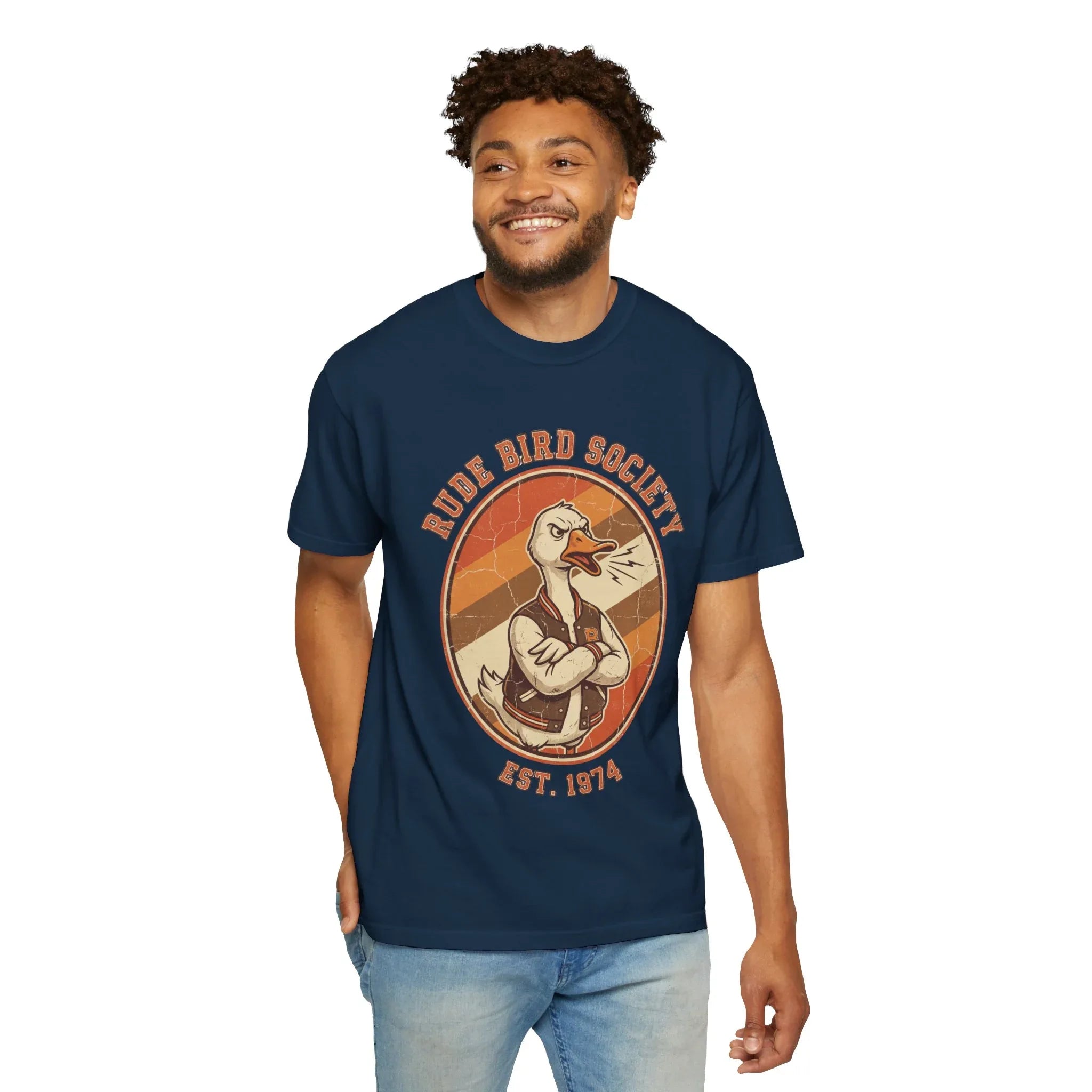Dude Bird Society Goose T-Shirt | Retro Vintage Badge Est 1974 | Sunset Stripes Graphic | Garment-Dyed Heavyweight Unisex True Navy