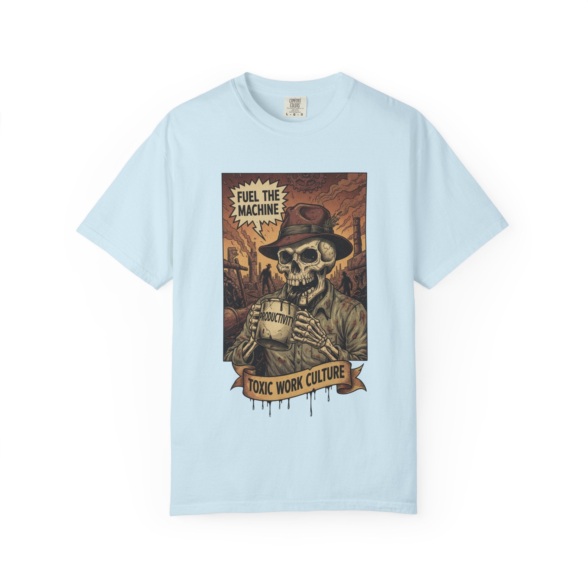 Fuel The Machine Shirt Vintage Skeleton Graphic Tee Anti Work Culture Satire Gift Funny Productivity Burnout T-Shirt Retro Industrial Grunge Chambray