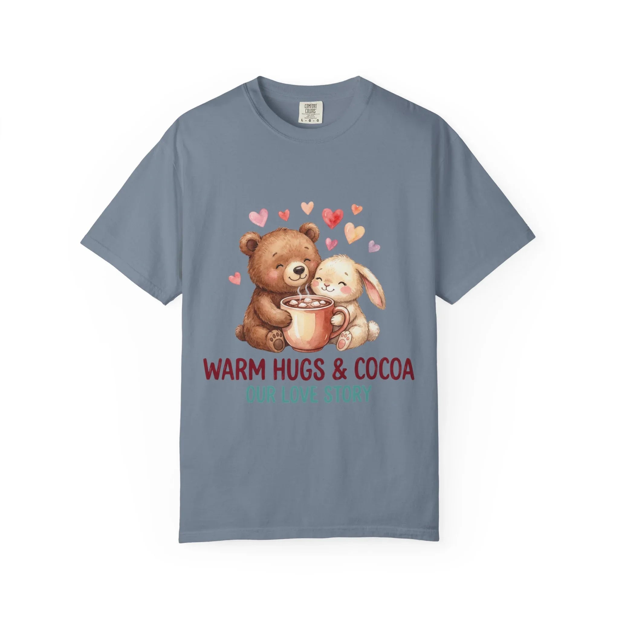 Warm Hugs and Cocoa Our Love Story T-Shirt | Bear Bunny Illustration | Cozy Winter Valentine Gift | Soft Vintage Storybook Tee Blue Jean
