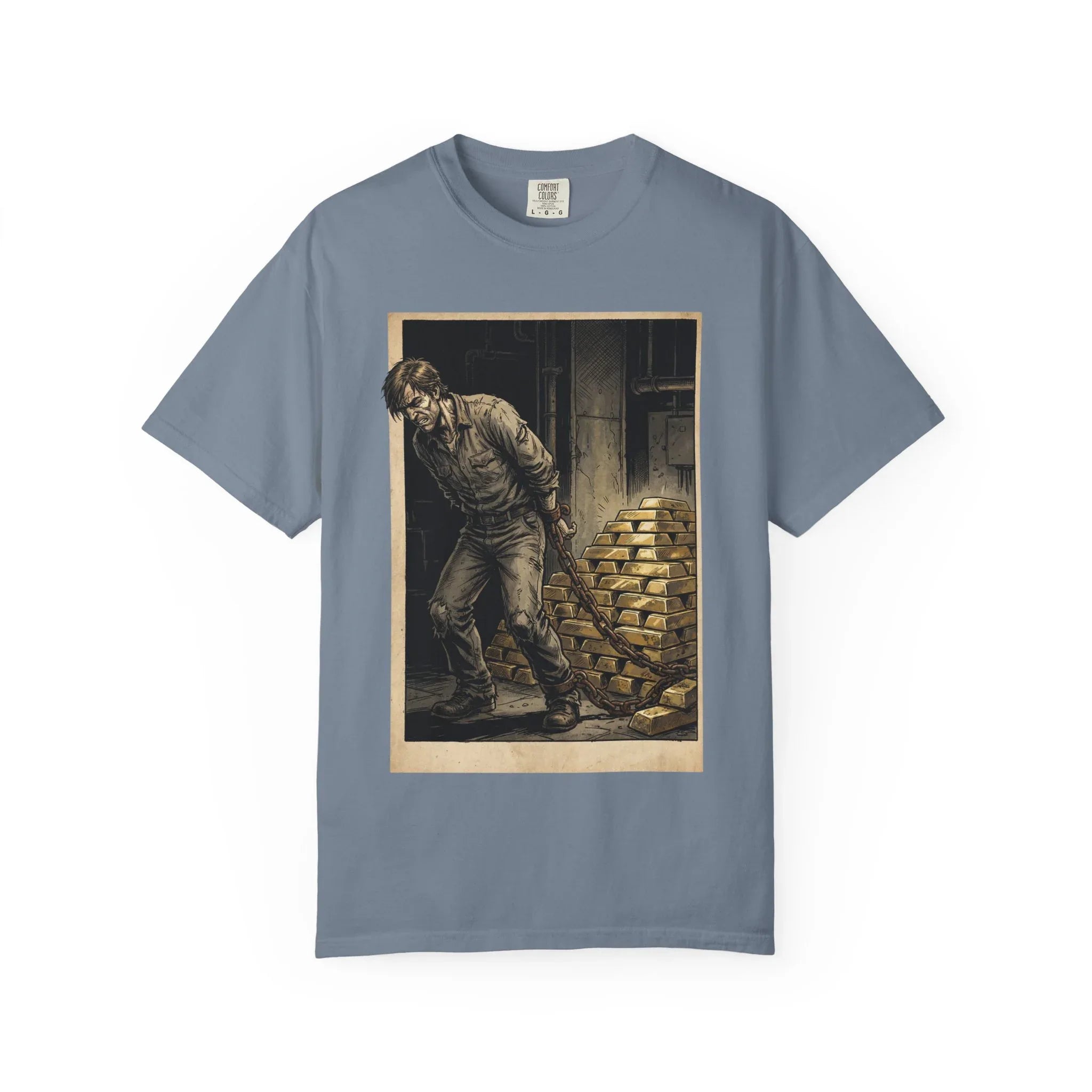 Heavy Gold Chains Satirical Shirt - Gritty Comic Art Tee - "Golden Burden" Wealth Trap Graphic - Vintage Prisoner of Greed Gift - Dark Humor Satire Streetwear Blue Jean