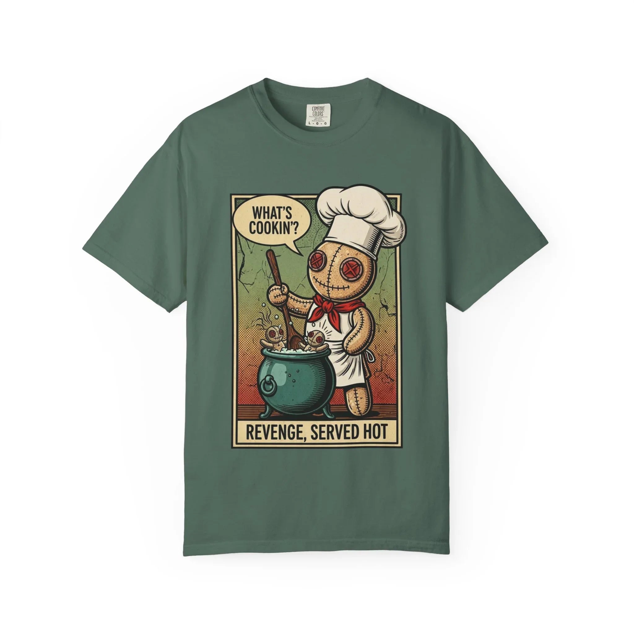 Funny Voodoo Doll "What's Cookin" Revenge Shirt - Sarcastic Chef Graphic Tee - Retro Comic Dark Humor T-Shirt - Vintage Garment-Dyed Revenge Served Hot Tee - Mid-Century Aesthetic Streetwear Blue Spruce