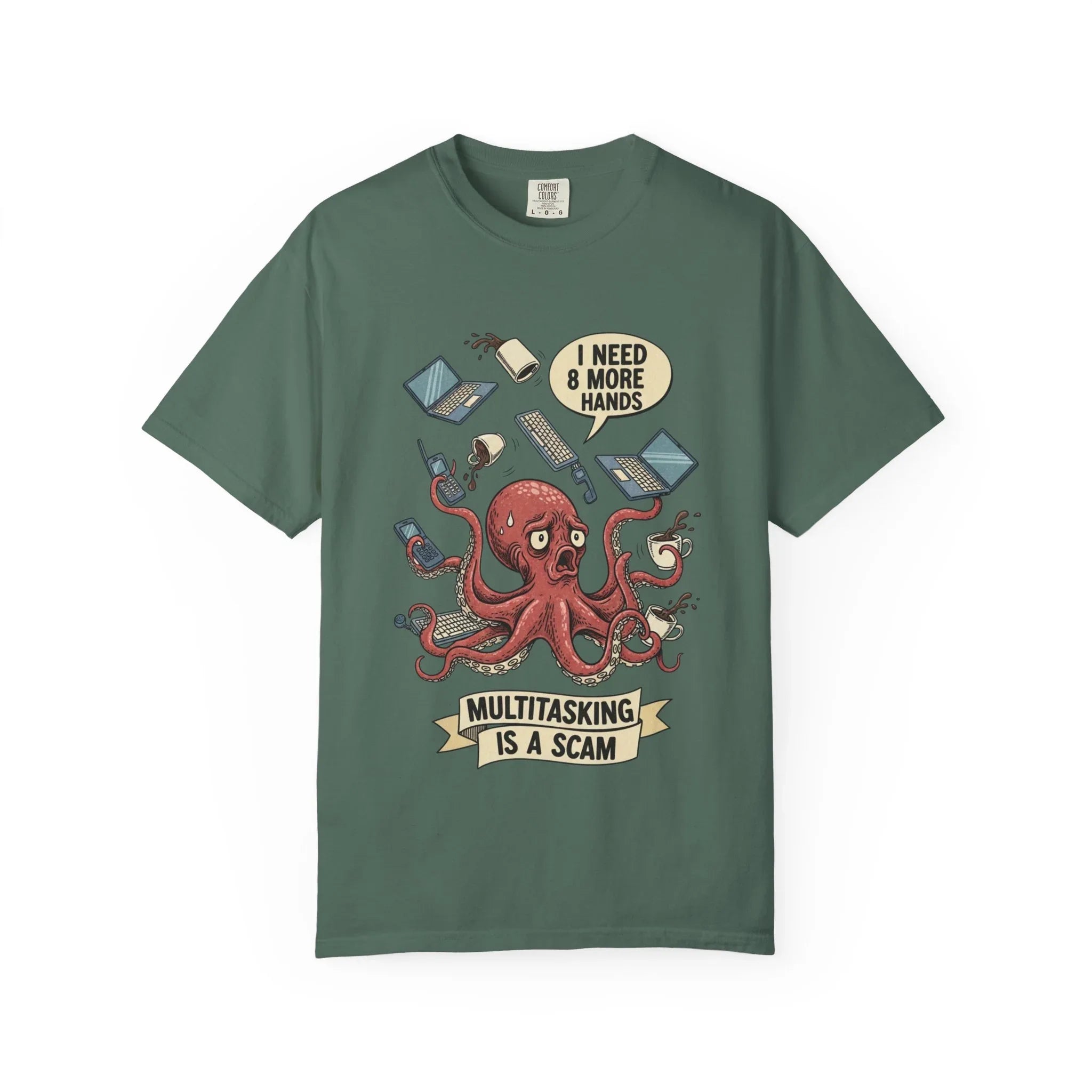 Funny Octopus Shirt - "Multitasking Is A Scam" T-Shirt - Vintage Work Humor Tee - Office Gift for Coworker - Burnout Graphic Tee - Retro Cartoon Top Blue Spruce