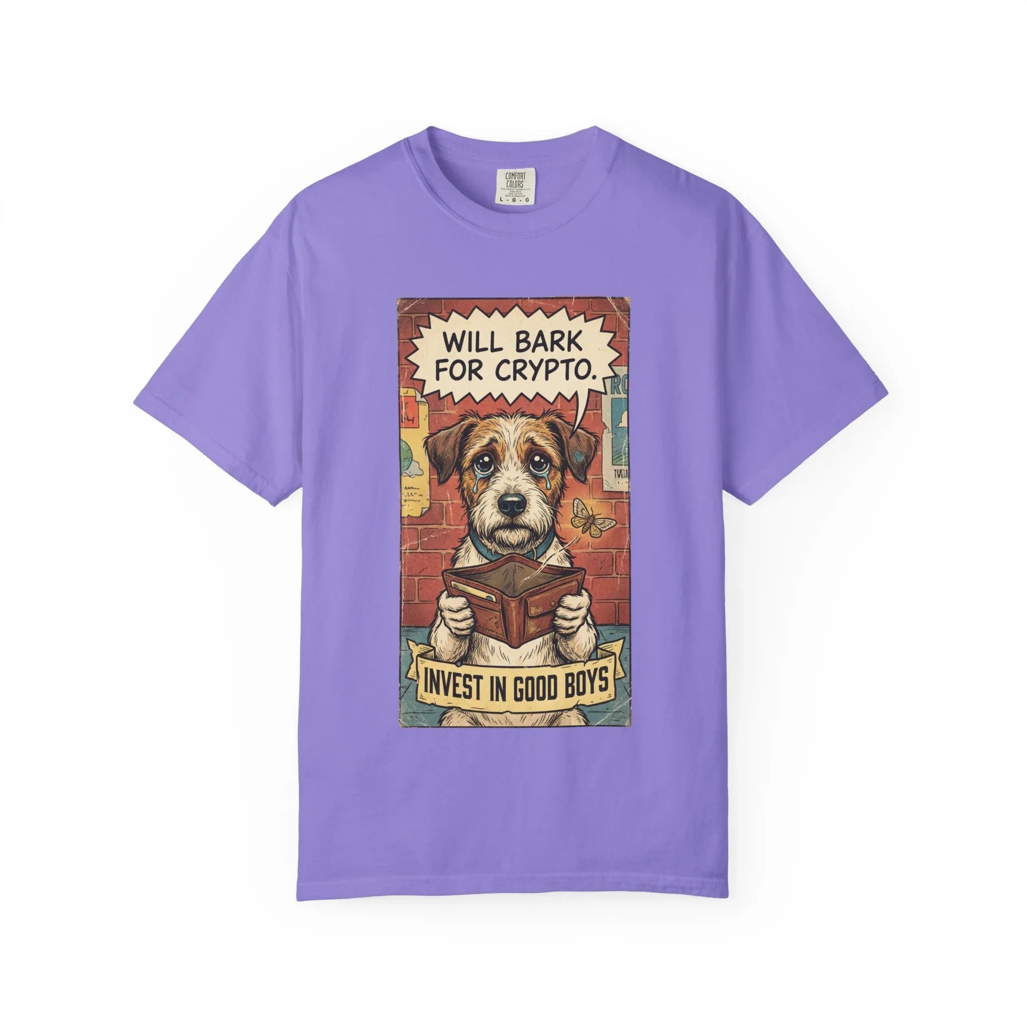 Funny Crypto Dog Shirt - Vintage Dogecoin Bitcoin Investor Gift - "Will Bark for Crypto" Graphic Tee - Retro Satirical Meme Clothing - HODL & Buy the Dip T-Shirt Violet