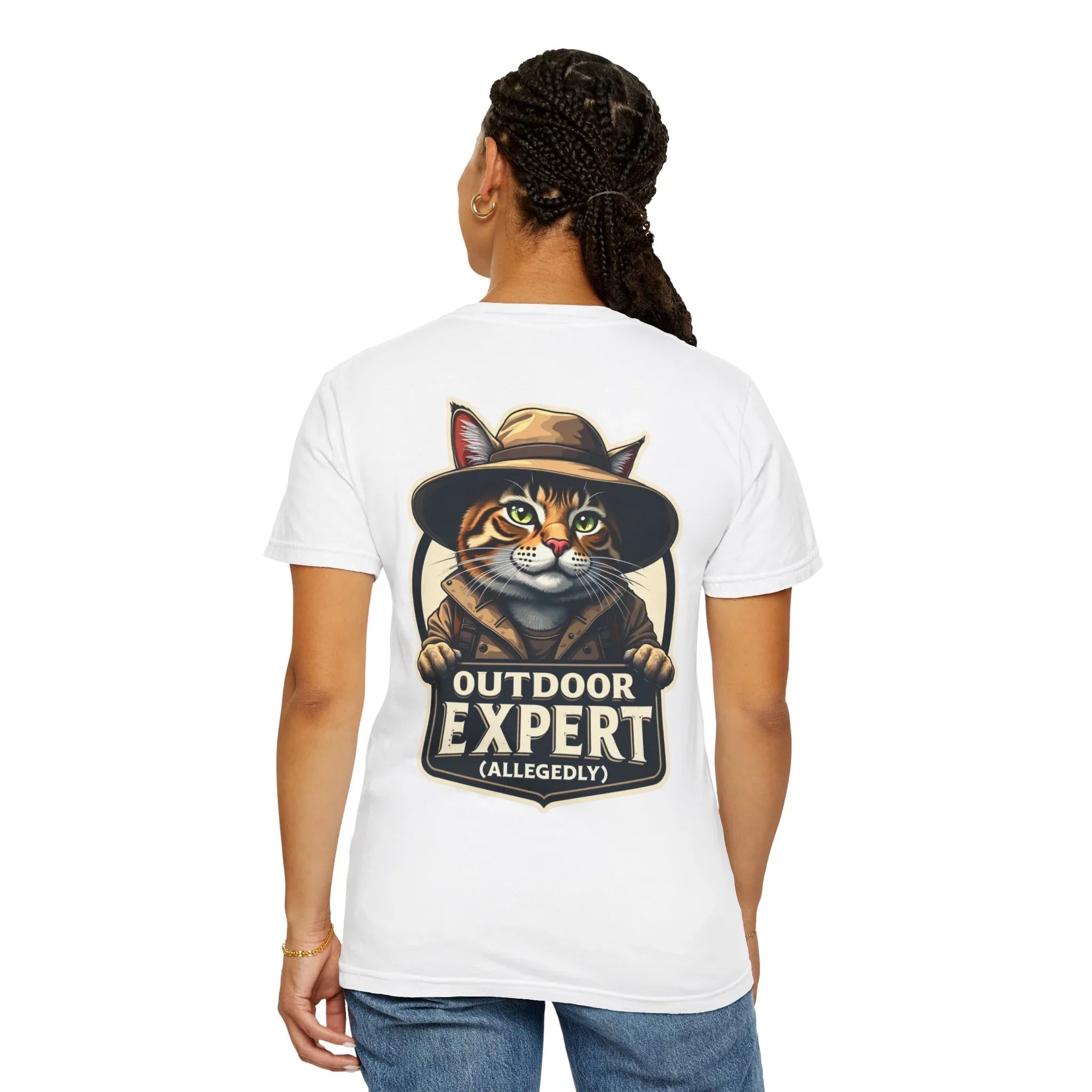 Outdoor Expert Cat T-Shirt, Outdoor Expert (Allegedly) Back Print Tee, Funny Camping Cat in Fedora Badge, Unisex Garment-Dyed