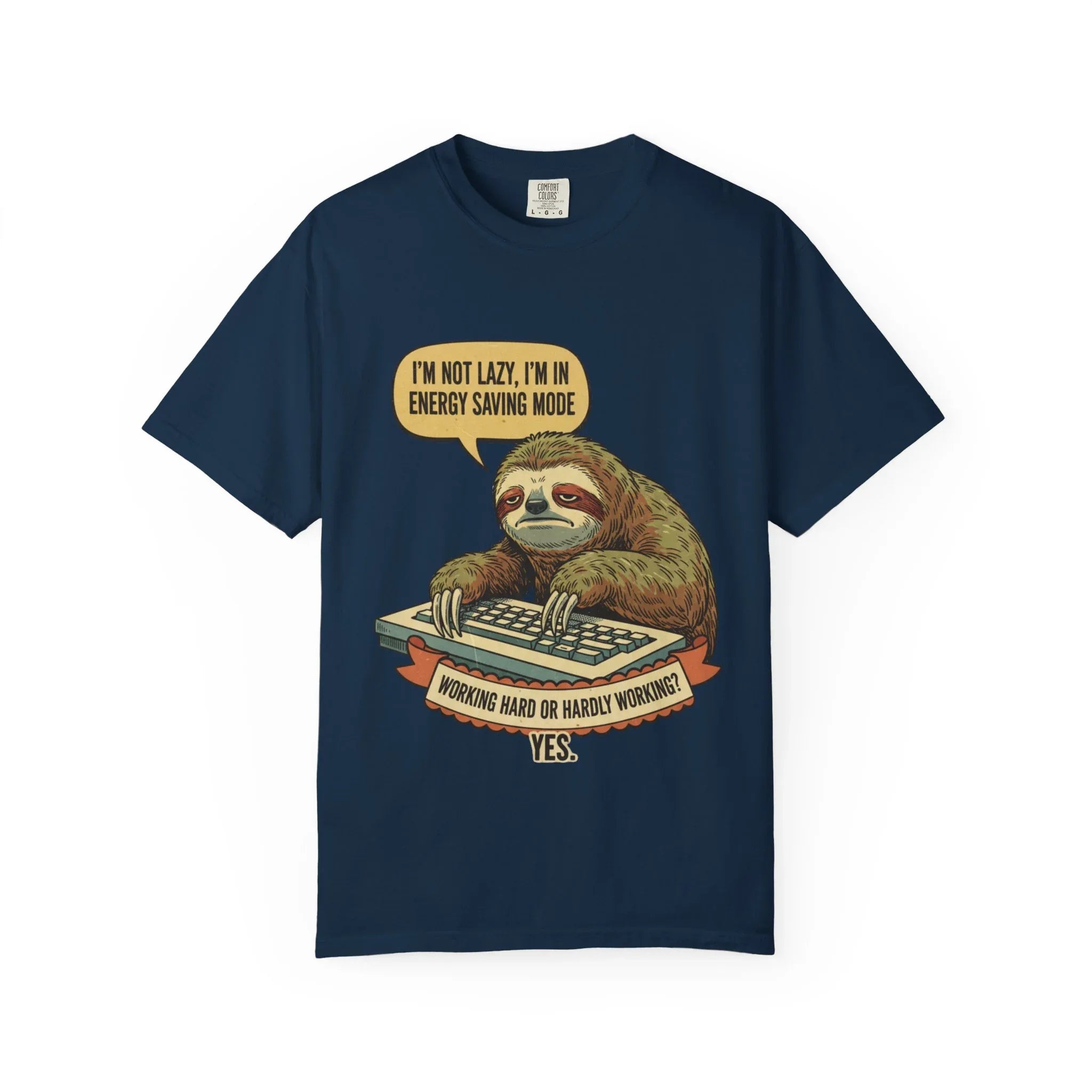 Funny Sloth Shirt - "I'm In Energy Saving Mode" Office Humor Tee - Programmer T-Shirt - Lazy Animal Lover Gift - Retro Style Sloth Graphic Tee True Navy