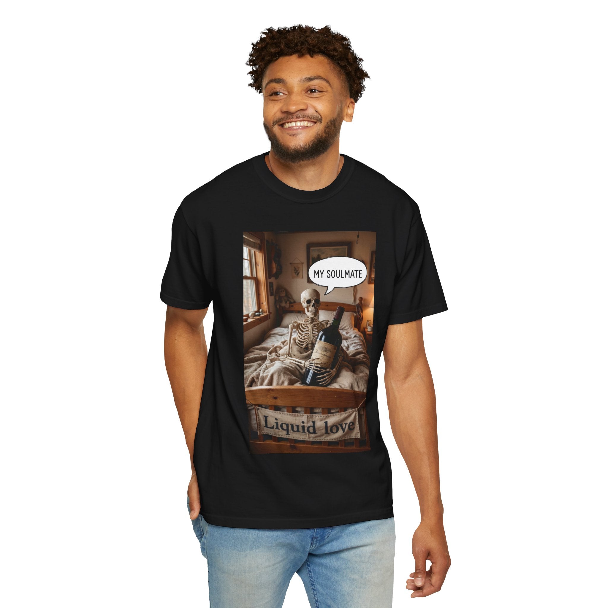 Liquid Love Skeleton Wine Shirt - Funny Soulmate Gift - Dark Humor T-Shirt - Gothic Cottagecore Graphic Tee - Sarcastic Wine Enthusiast Apparel