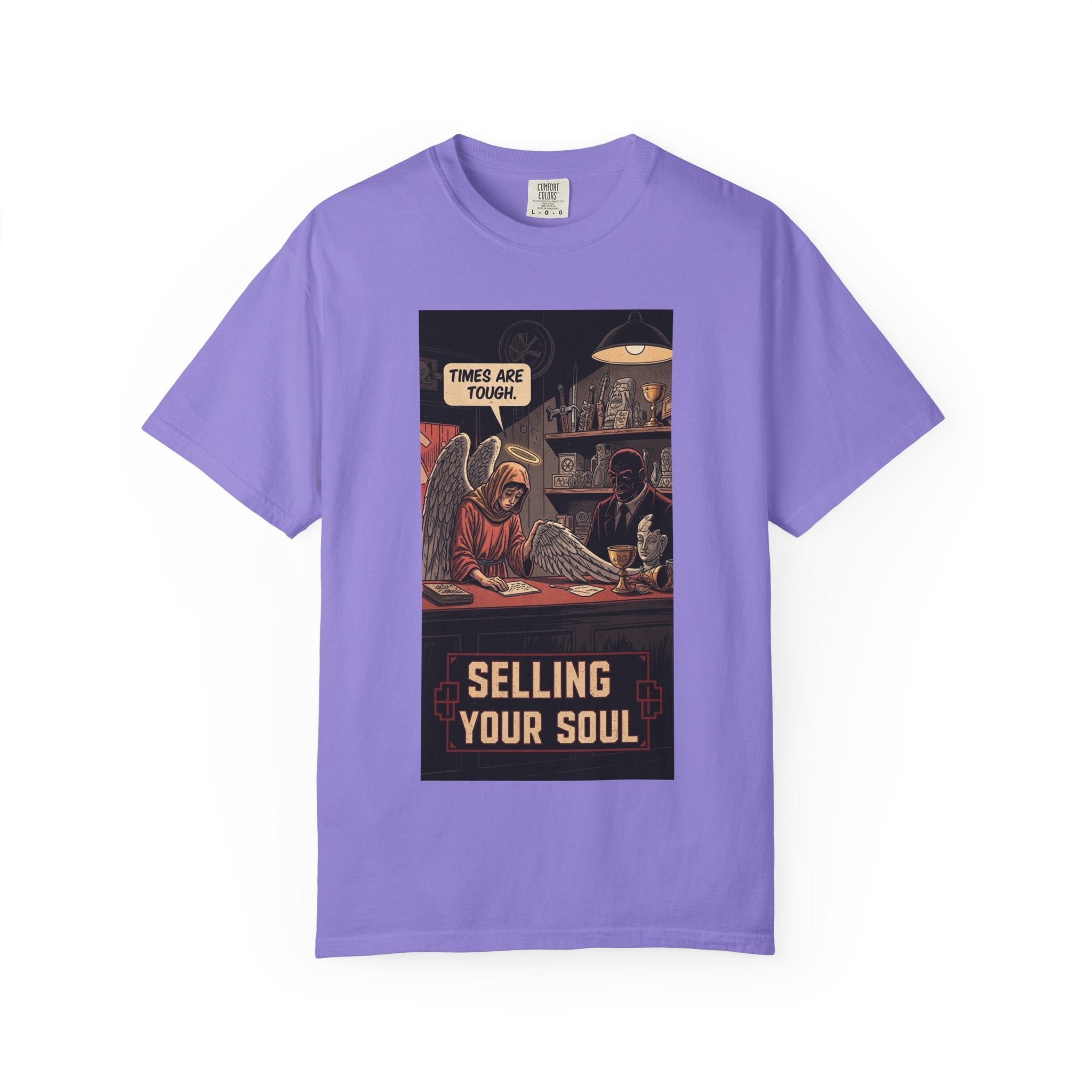 Selling Your Soul Shirt - Vintage Pawn Shop Satire Tee - Angel Social Commentary T-Shirt - Dark Humor Philosophy Gift - Retro Comic Graphic Apparel Violet