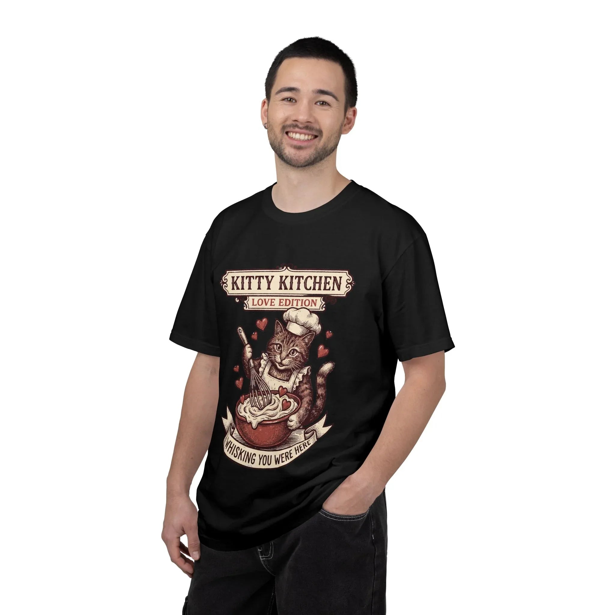 Kitty Kitchen Love T-Shirt | Vintage Cat Chef Whisking You Were Here Graphic Tee
