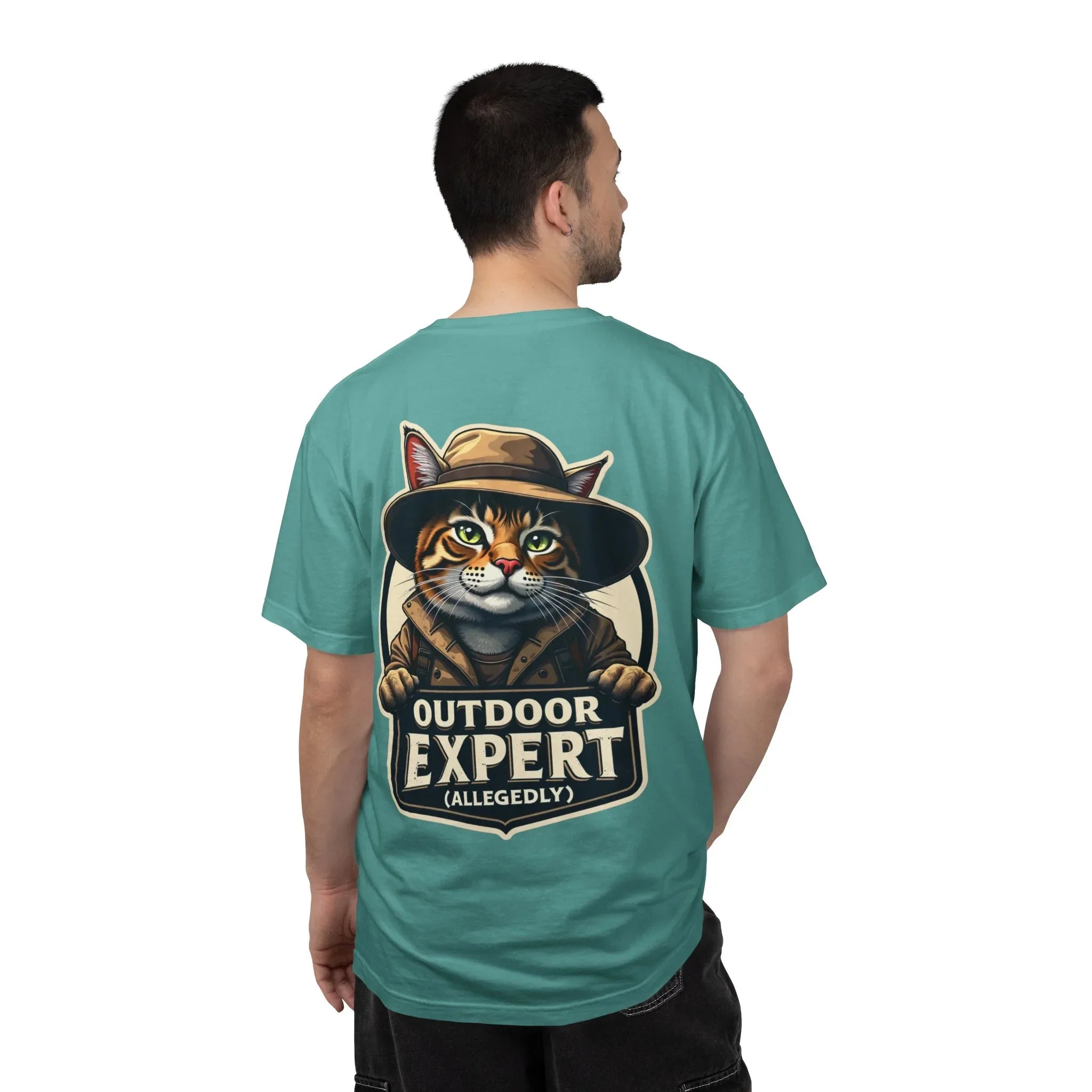 Outdoor Expert Cat T-Shirt, Outdoor Expert (Allegedly) Back Print Tee, Funny Camping Cat in Fedora Badge, Unisex Garment-Dyed Seafoam