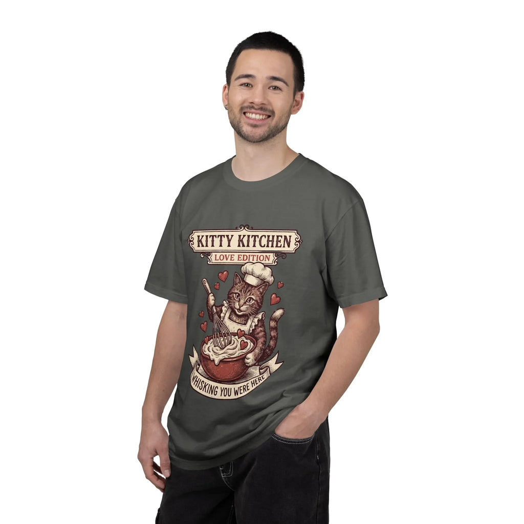 Kitty Kitchen Love T-Shirt | Vintage Cat Chef Whisking You Were Here Graphic Tee