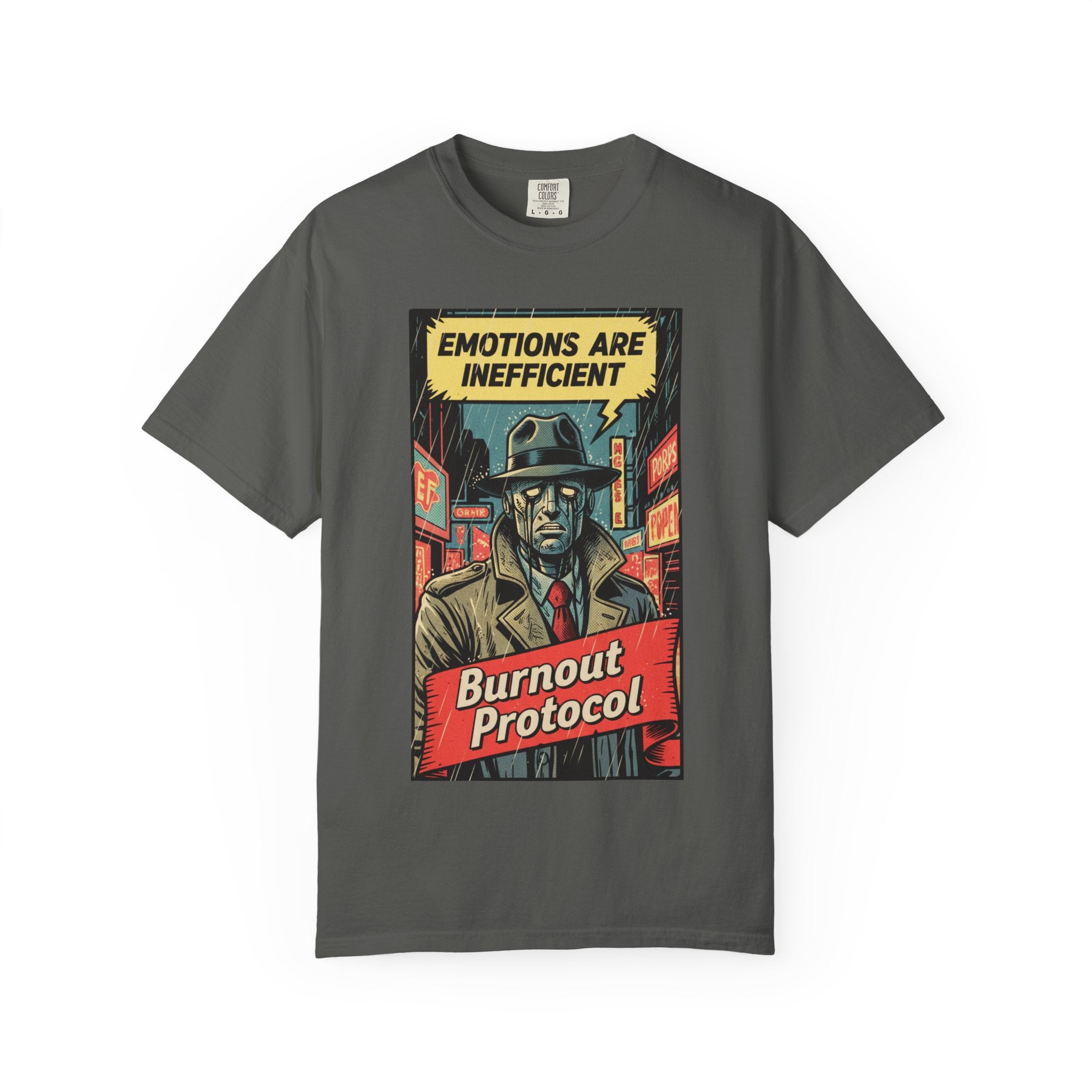 Burnout Protocol Vintage Comic Shirt Retro Robot Detective Graphic Tee Sarcastic Android Art Gift for Tech Workers Software Engineer Noir Pepper