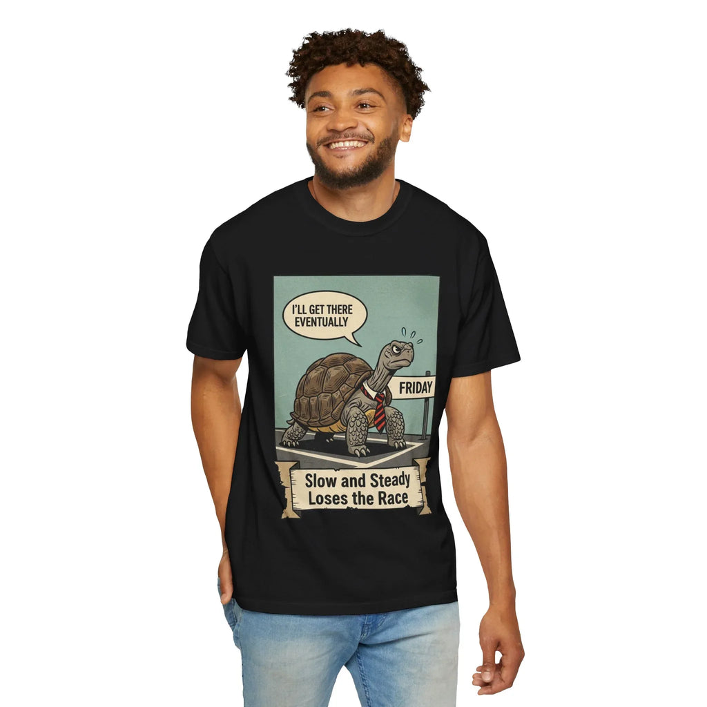 Funny Friday Shirt - Office Humor T-Shirt - Corporate Turtle Tee - Weekend Vibes Gift - "Slow and Steady Loses the Race" - Retro Animal Art Work Sarcasm Top