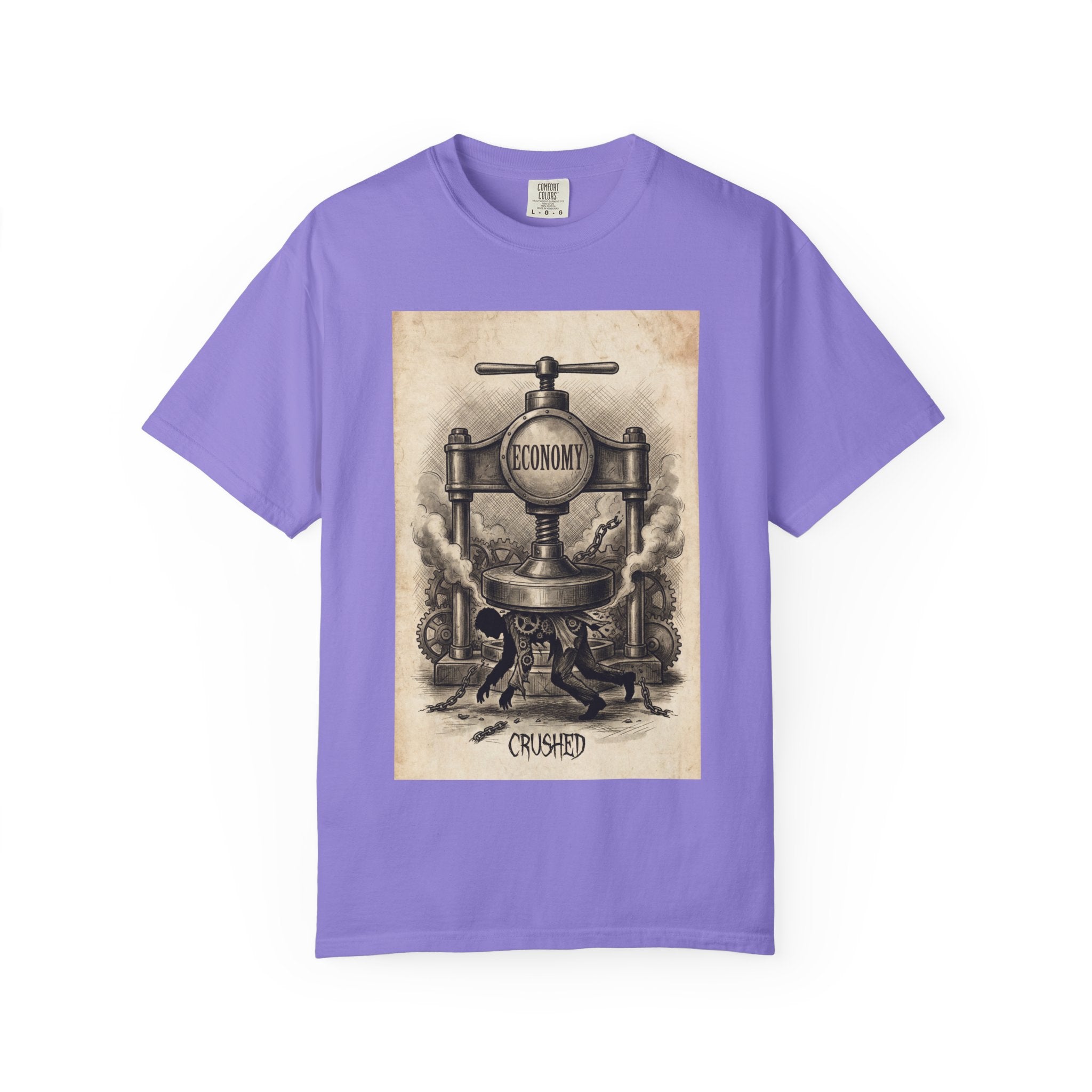 Vintage Economy Press T-Shirt | Retro Industrial Satire Tee | Dark Academia Social Comment Art Shirt | Gift for Philosophy & Economics Lovers" Violet