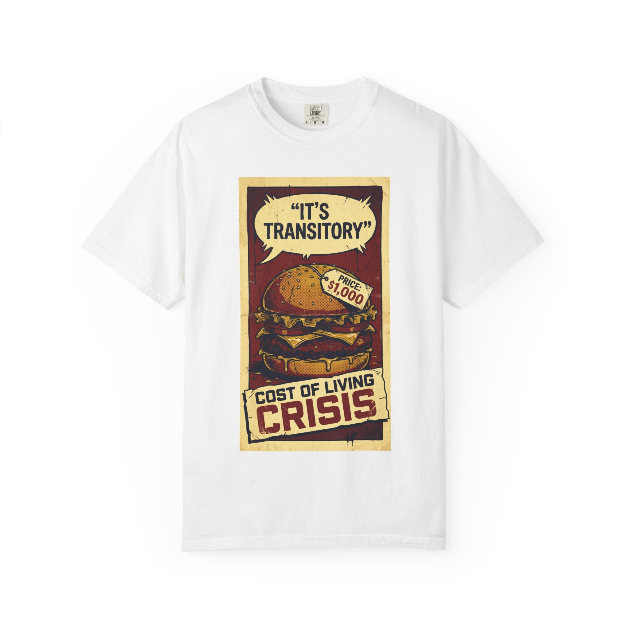 Cost of Living Crisis Shirt, It's Transitory Funny Inflation T-Shirt, $1,000 Burger Satire Tee, Vintage Economic Crisis Graphic, Sarcastic Finance Gift White