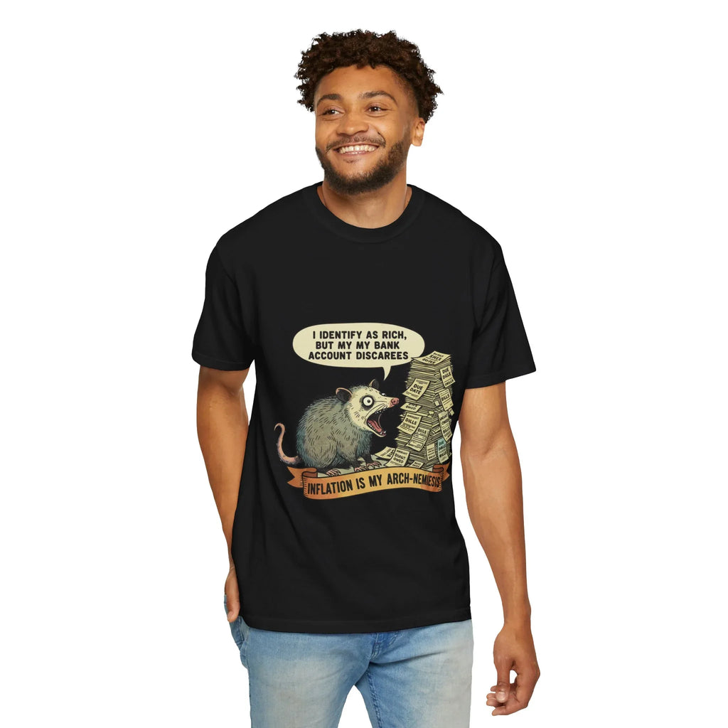 Funny Opossum Shirt - "Inflation Is My Arch-Nemesis" Tee - Relatable Financial Meme Gift - Sarcastic Possum T-Shirt - Screaming Trash Animal Budgeting Top Black